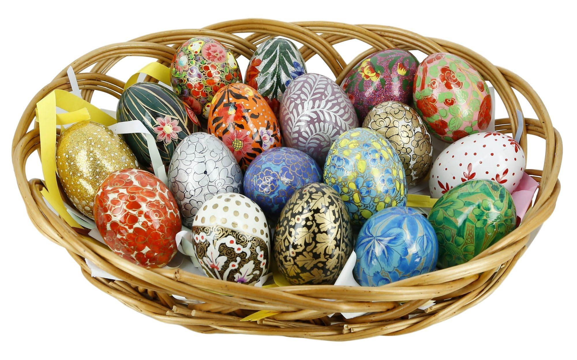 Huevos de Pascua de madera con cesta Ajuny, 18 adornos artesanales de papel maché multicolor