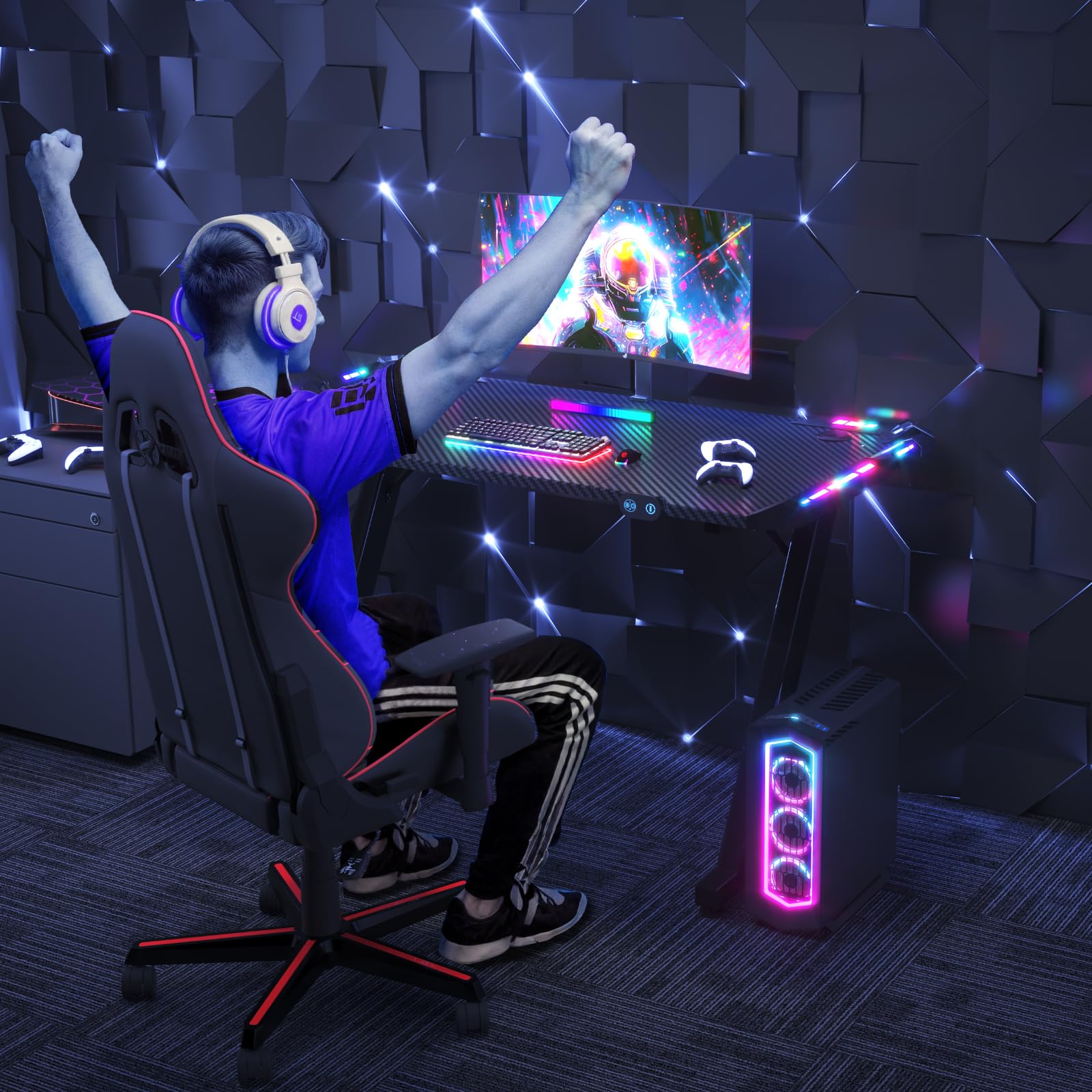 JUMMICO Gaming Tisch mit LED-Beleuchtung, RGB Gaming Tisch, Stabiler Computertisch für Homeoffice und Gamer,Gaming Schreibtisch mit Kopfhörerhalterung und Getränkehalter, 120 x 60 cm, Schwarz