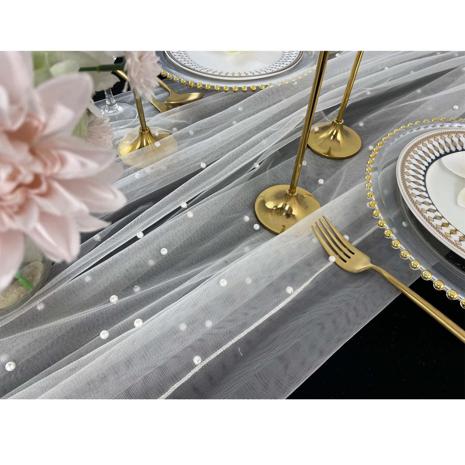 4 pezzi 3 m 152 x 305 cm bianco perla tovaglia elegante poliestere runner da tavola con accenti di perle artificiali extra lungo tulle runner da tavola per matrimoni