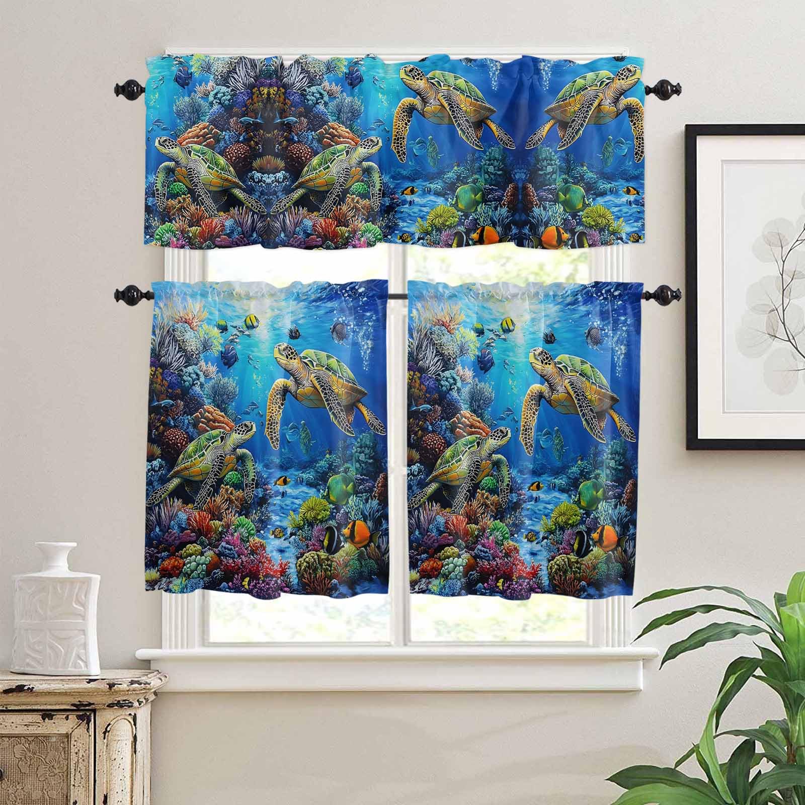 Blue Sea Turtle Ocean Kitchen Curtains 36 Inch Length, 3 Piece Rod Pocket Small Half Tiers and Valance Set, Colorful Coral Sea Underwater Small Large Window Treatment Decor for Bedroom/Bathroom Sink