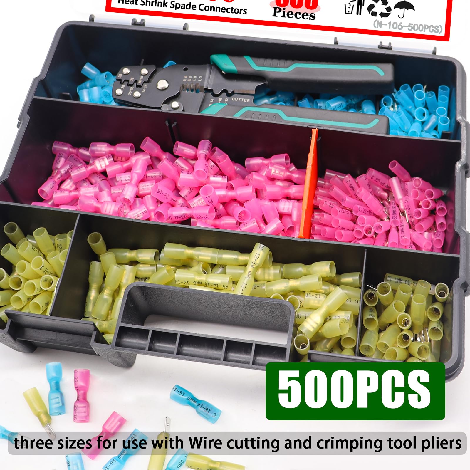 Twidec Kit di 500 connettori termorestringenti a forcella da 22-10 AWG femmina e maschio, connettori a scollegamento rapido, connettori a crimpare completamente isolati per veicoli marini con pinze a