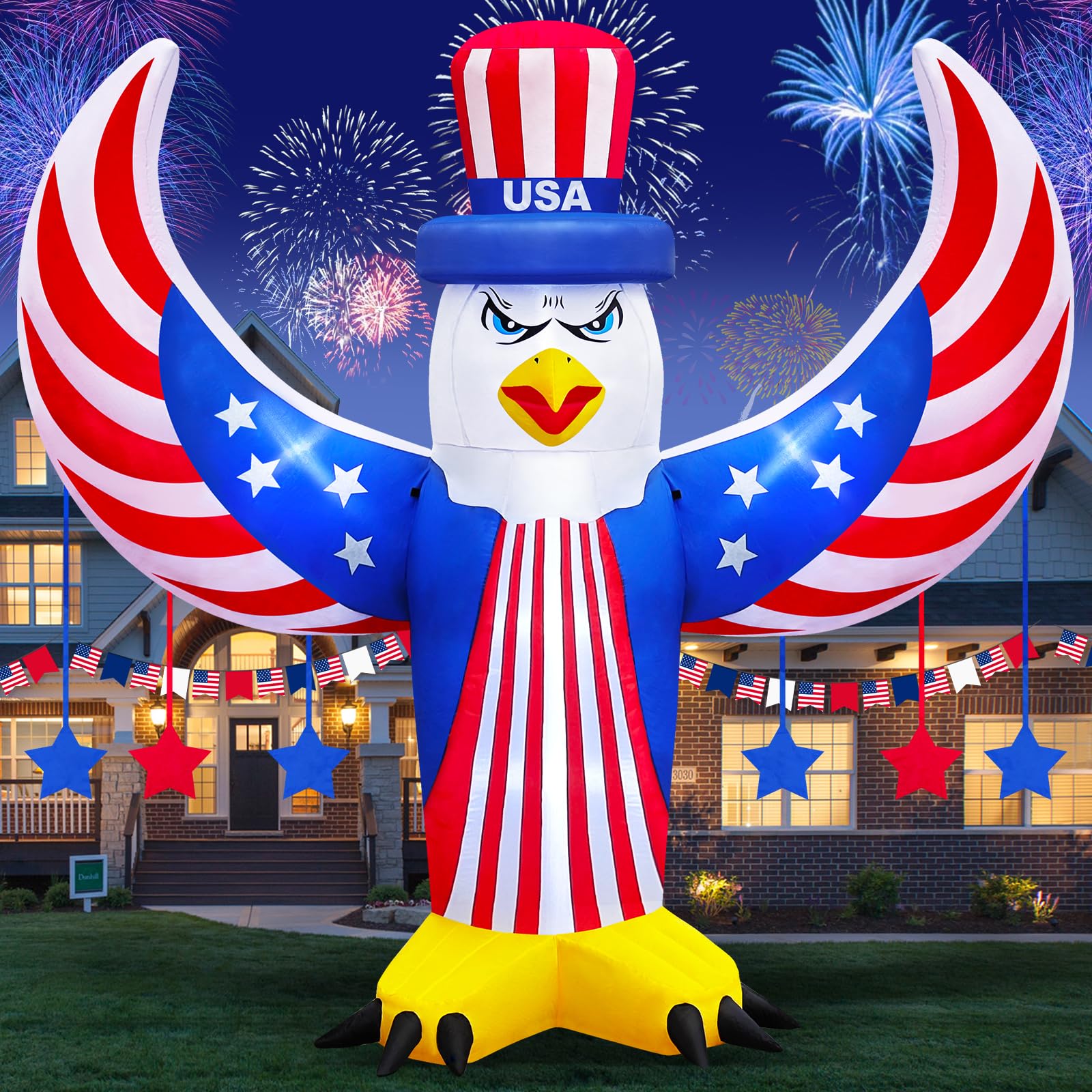 Danxilu 8 FT Independence Day 4th of July Inflatables Outdoor Decorations, American Flying Bald Eagle Fourth of July Inflatable Built-in LEDs Patriotic Blow Up Yard Decoration Party Garden Lawn
