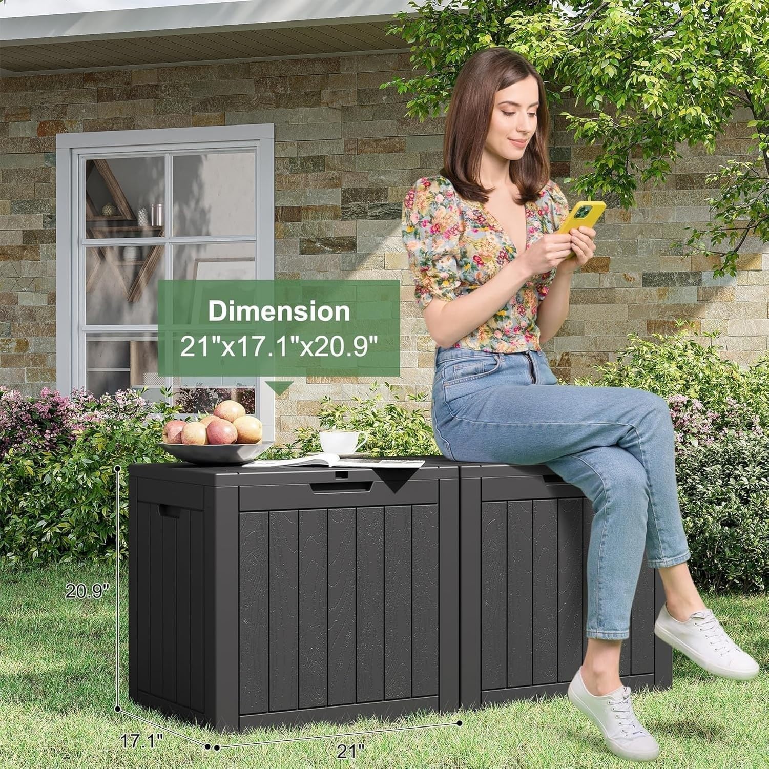 Baulera Exterior Impermeable 130L para Almacenaje Terraza, Rayado Negro