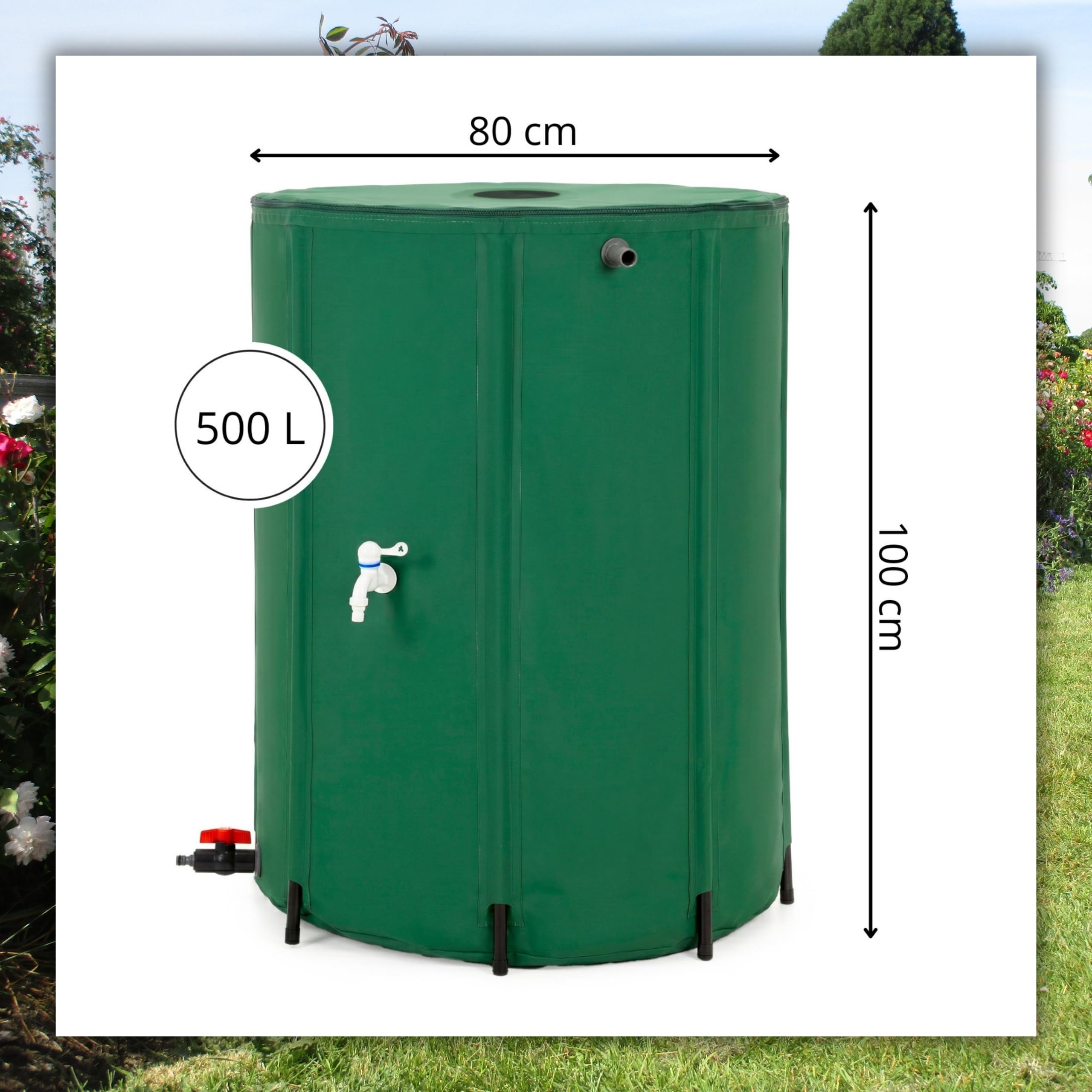 Springos Depósito de agua de lluvia de 500 l para jardín, almacenamiento de agua de PVC 1000D, plegable, con 8 puntales de apoyo, doble grifo, protección contra rebosadero, borde reforzado, barril de