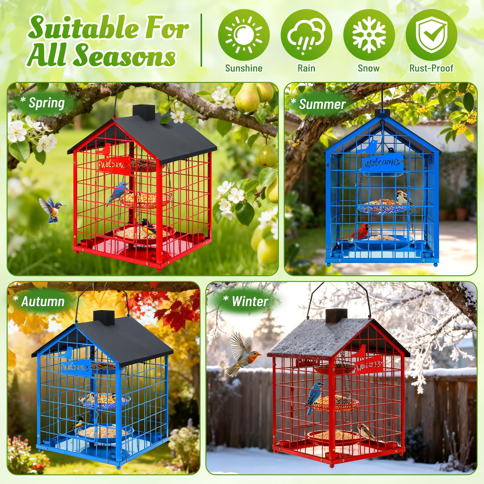 Mangeoires à oiseaux pour l'extérieur, mangeoire à oiseaux bleus en métal, énorme mangeoire à oiseaux en cage résistante aux écureuils avec 4 tasses, mangeoires à oiseaux sauvages à suspendre à