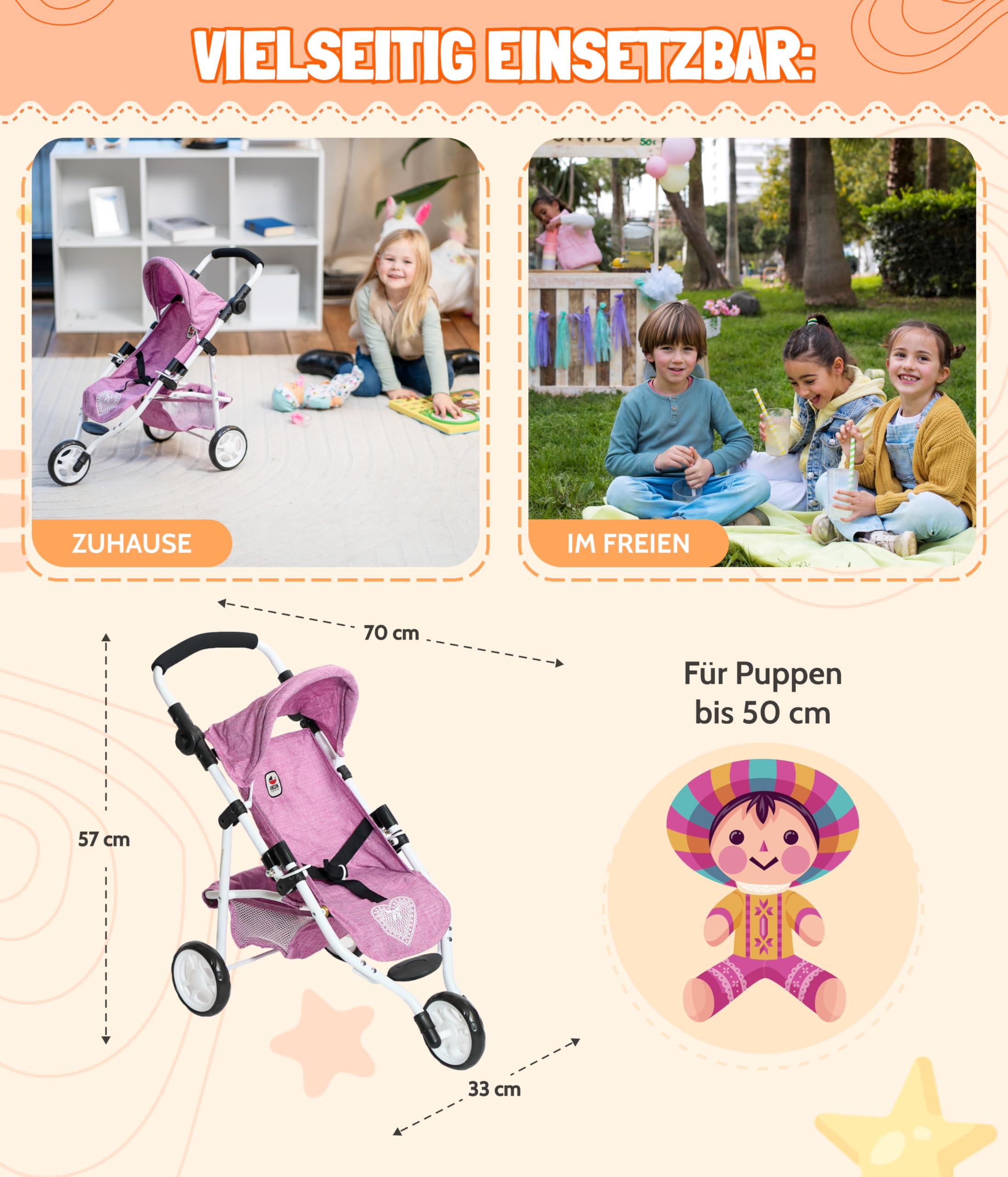 Bayer Chic Sacco A Pelo Per Bambole – 45x27 Cm, Adatto Fino A 55 Cm, Rosa Melange Con Cerniera