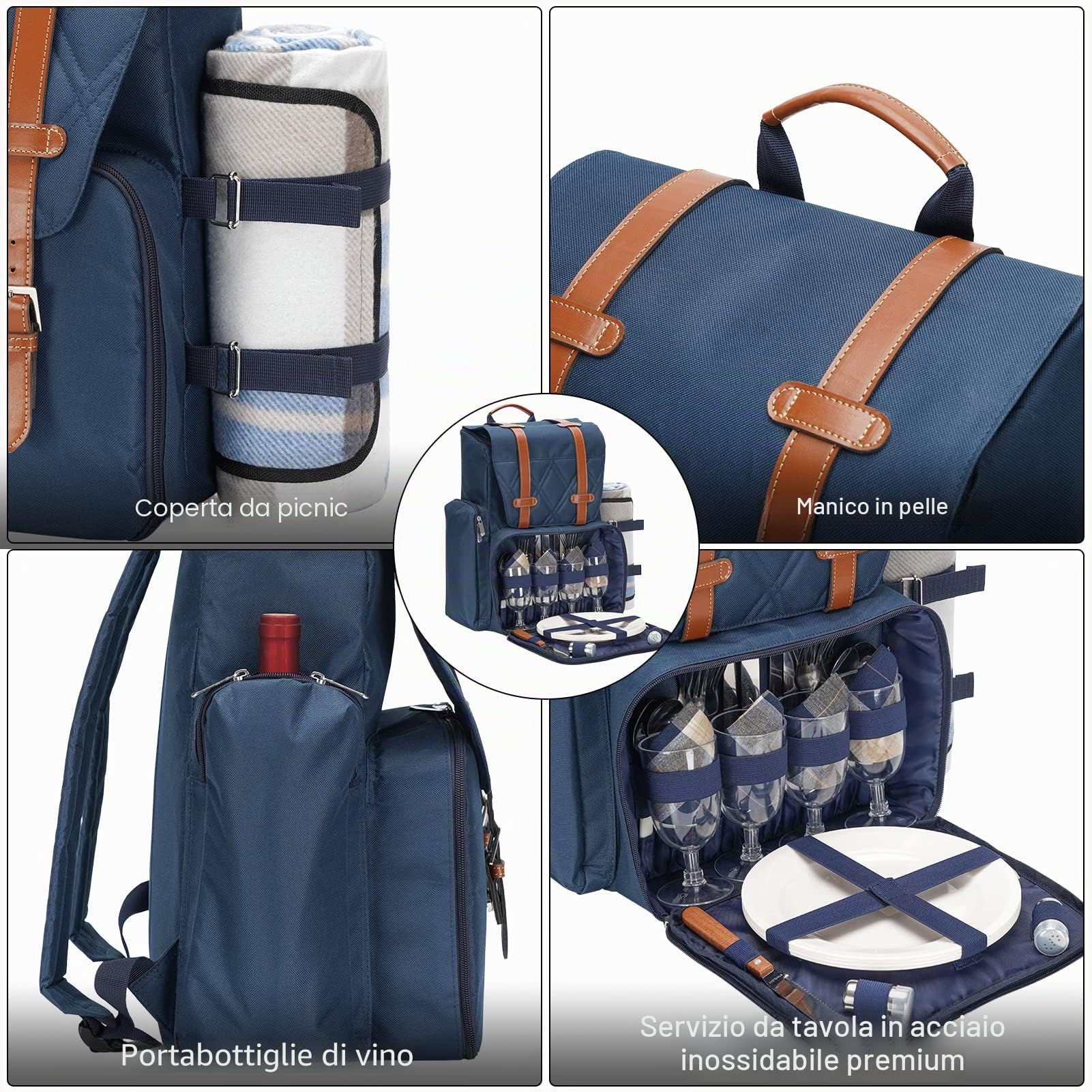 Zaino da picnic per 4 persone con grande borsa termica termica, set cestino da picnic con borsa per vino, coperta da picnic impermeabile e set di posate. Perfetto per campeggio, feste, regalo di nozze