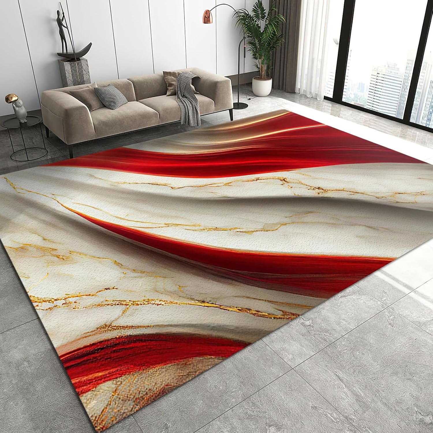 Luxurious Red Gold Marble Area Rug, Nordic White Jade