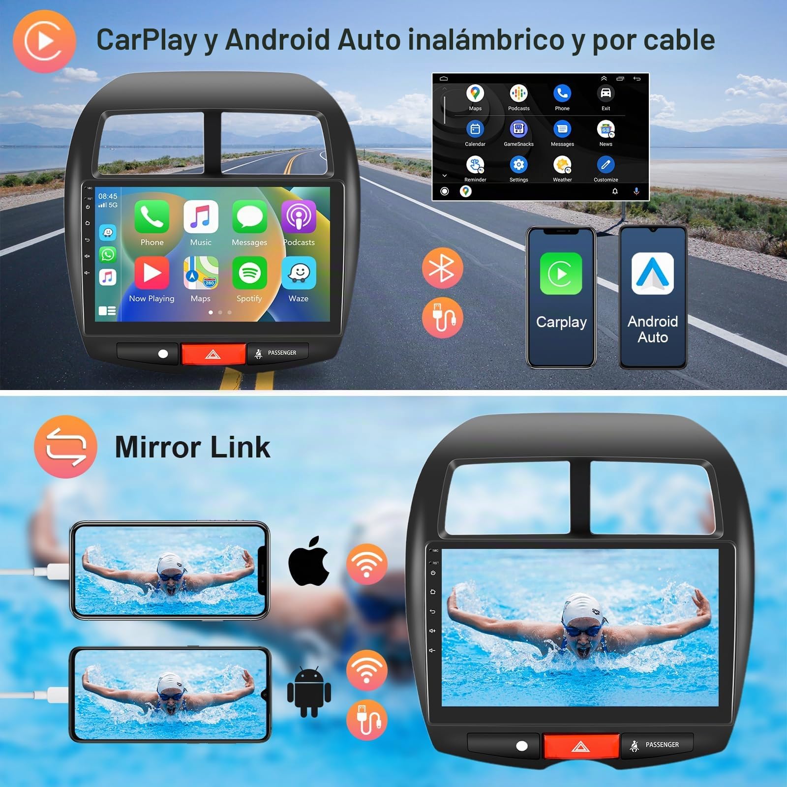 Hodozzy 2GB 64GB Radio para Citroen C4 (2007-2013)/Mitsubishi ASX (2010-2016)/Peugeot 4008 (2012) Carplay Android Auto, 10,1 Pulgadas 2 DIN Pantalla Táctil Radio Android GPS WiFi Bluetooth RDS Cámara