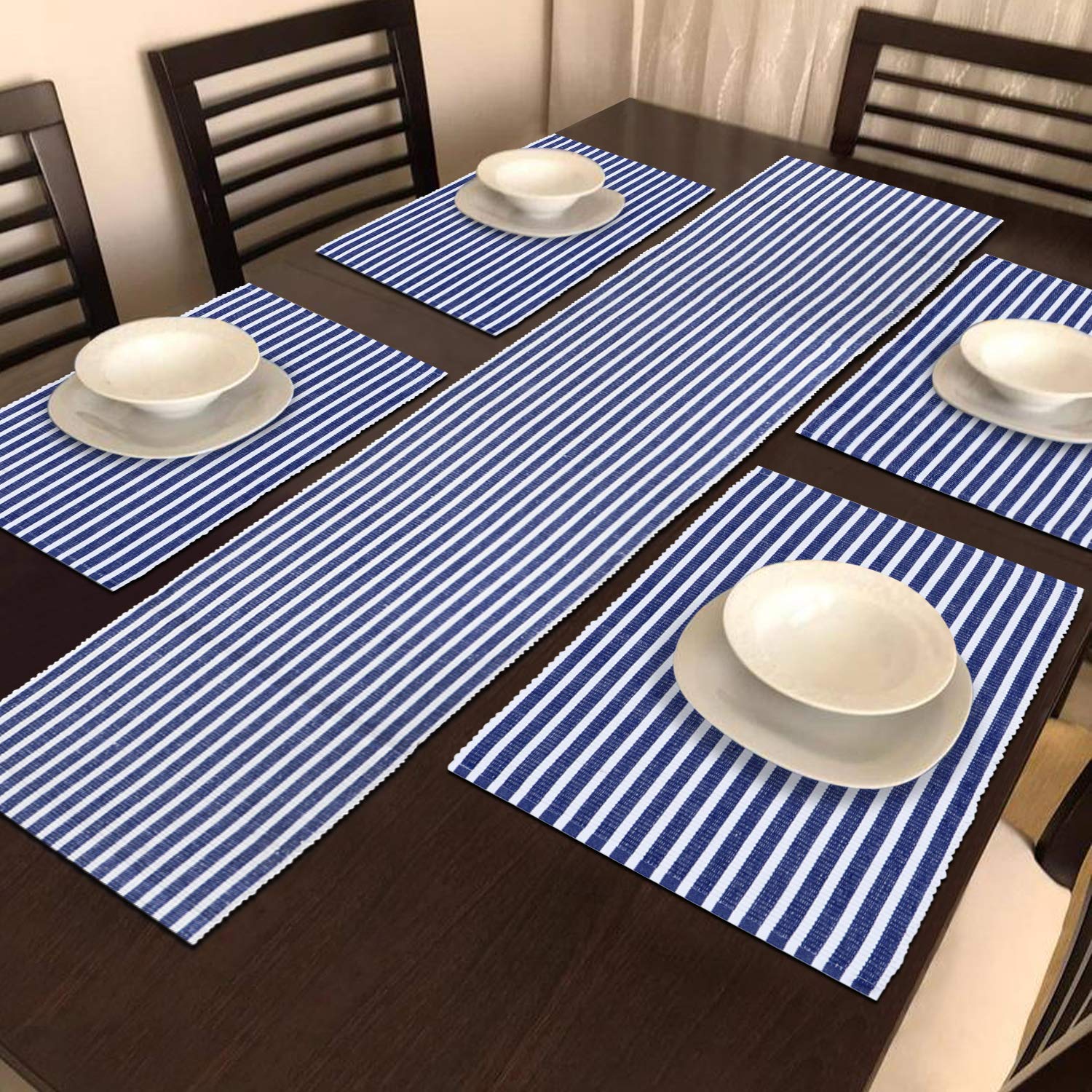 HOKIPO Blue Ribbed Placemats & Table Runner -2