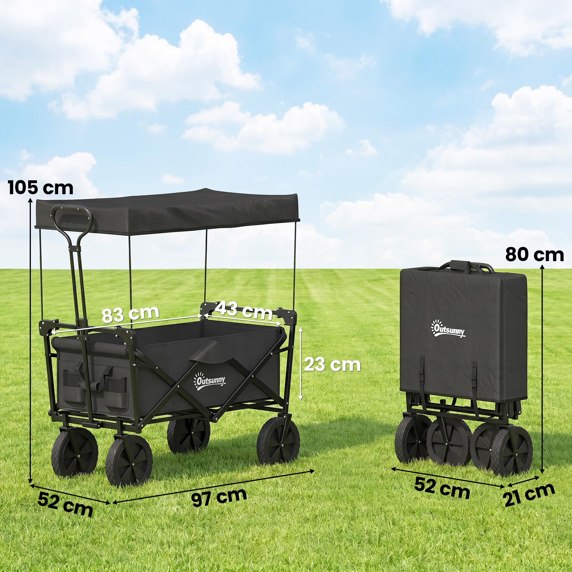 Outsunny Carrello da Giardino 110L con Maniglia Telescopica e Tettuccio, Carrello da Giardinaggio in Acciaio e Tessuto Oxford, Nero