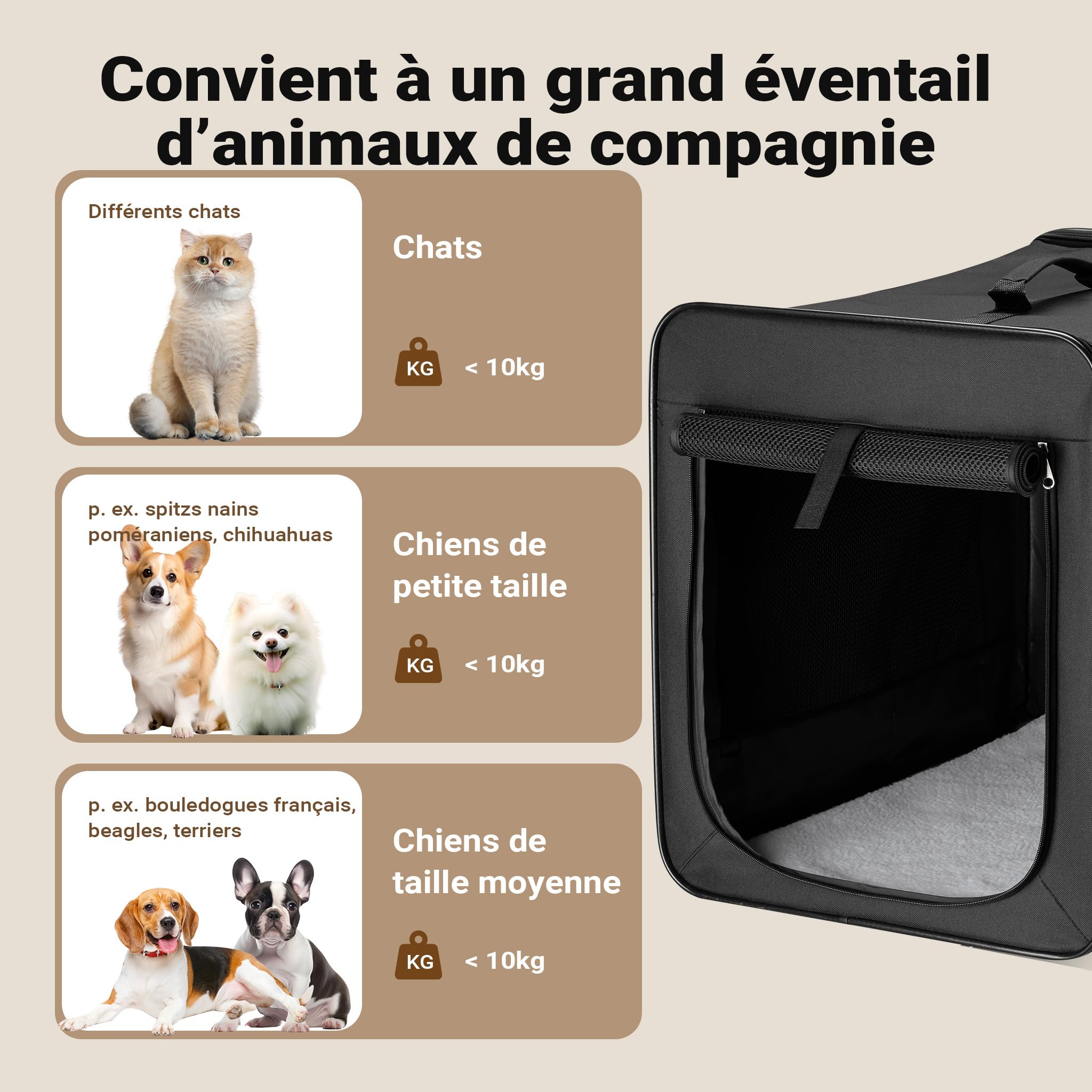 Wiltec Caisse de Transport Noire Pliable pour Chiens Chats Animaux domestiques - Taille M / 58 x 46 x 53 cm/Charge Max. 10 kg - avec Coussin - boîte Voyages Canine féline