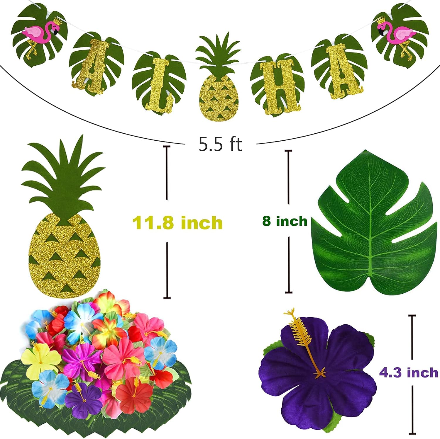 114 Pcs Hawaiian Party Decorations Set,Hawaiian Luau Grass Table Skirt,Hawaiian Flowers,Garland,Palm Leaves,Multicolored Umbrellas, Paper Pineapples,for Jungle Garden Beach Summer Tropical Party
