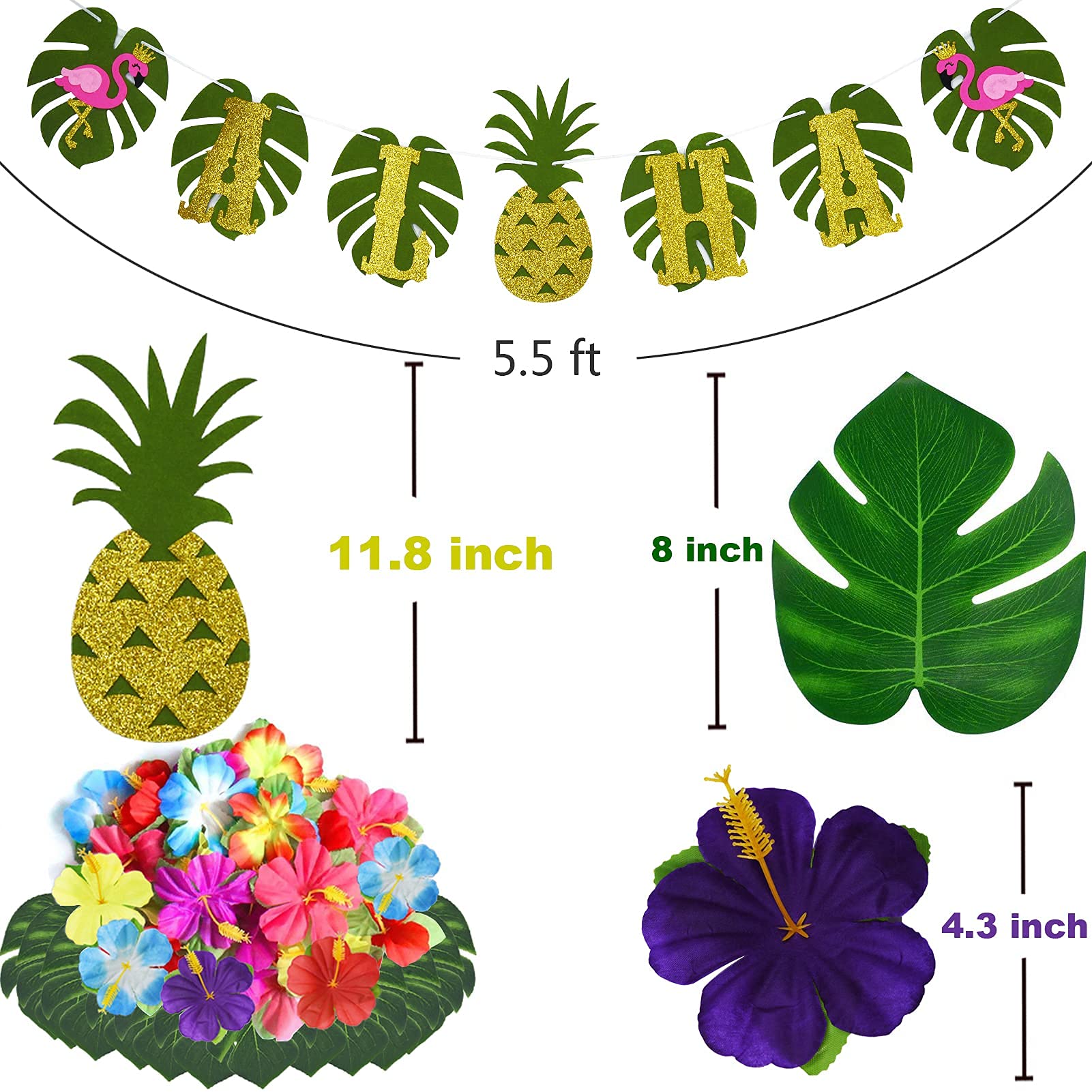 Hawaii Party Dekoration Set,114 Stück Luau Grass Tischrock Palmblätter, Hawaiian Blumen,Aloha Banner,ObstStroh,Mehrfarbige Regenschirme für BBQ Garden Sommer Tiki Tropischen Beach Deko