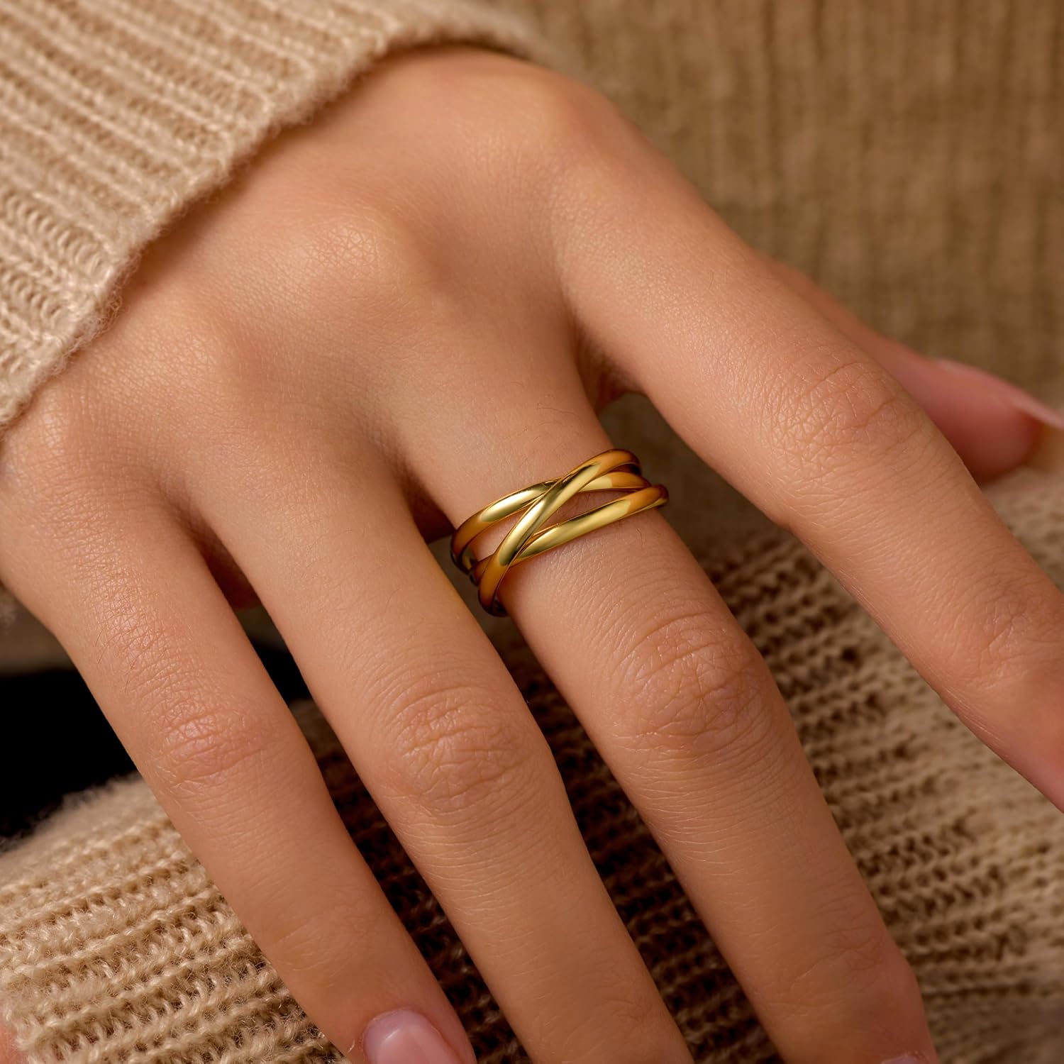 14K Gold Plated Interlocking Fidget Anxiety Ring 925 Sterling Silver Stackble Rings for Women Men Rolling Triple Spinner Ring Minimalist Trendy Knuckle Rings Jewelry Birthday Mothers Day Gifts