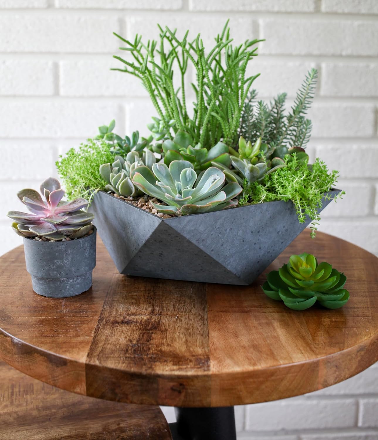 The HC Companies 8 Inch Deco Faceted Plastic Succulent Bowl - Unique Decorative Indoor Planter with Drainage Hole, Faux Concrete (Pack of 2)