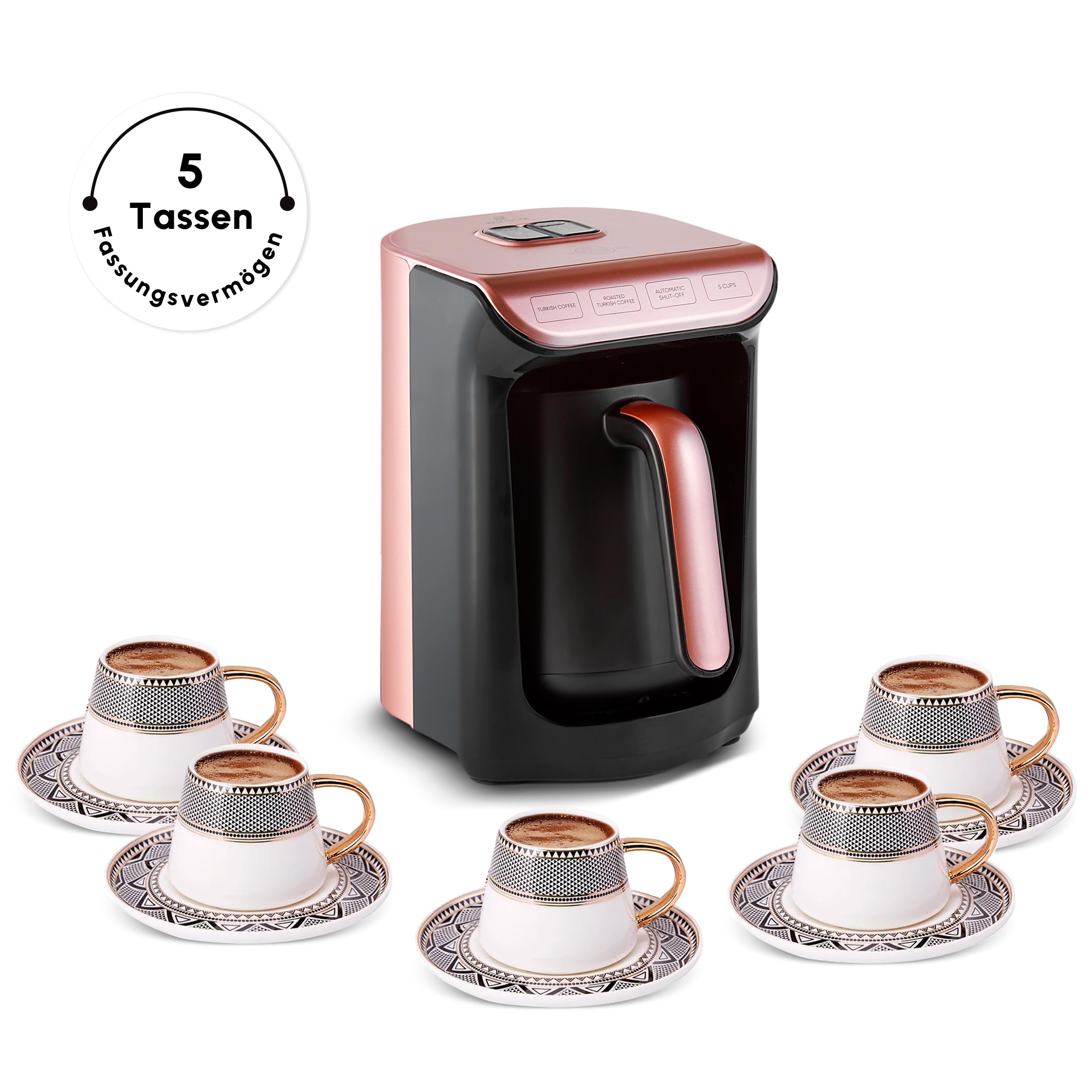 KARACA Hatır Roast - Caffettiera turca in oro rosa, 5 tazze, capacità 535 W, sistema di allarme vocale, sistema di allarme luminoso, misurino, facile da pulire