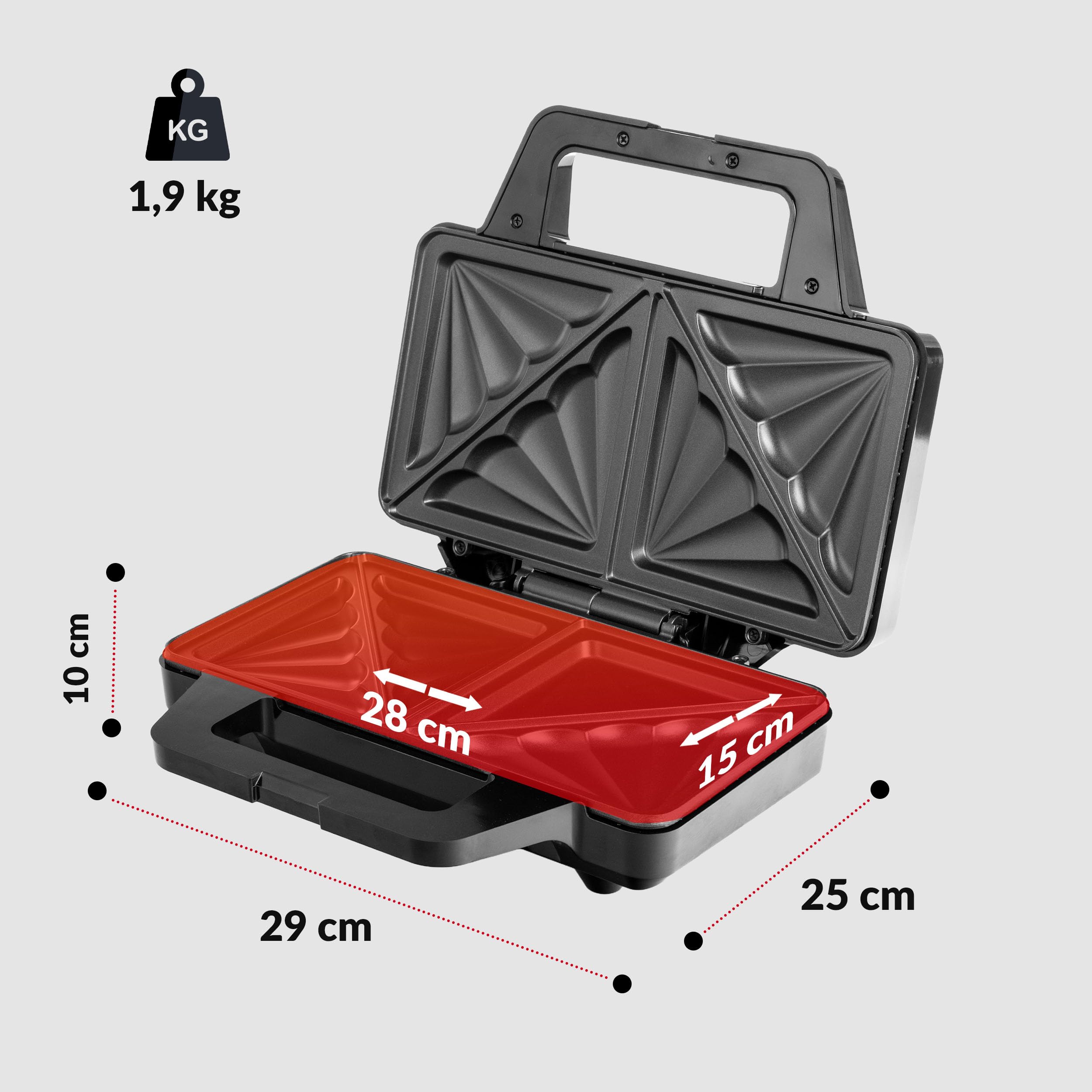 LEHMANN Sandwich Maker XXL – Piastre Extra Grandi – Tostiera Elettrica XXL per 2 Sandwich a Forma di Conchiglia – Antiaderente – Indicatore di Prontezza – Facile da Pulire – 1000W