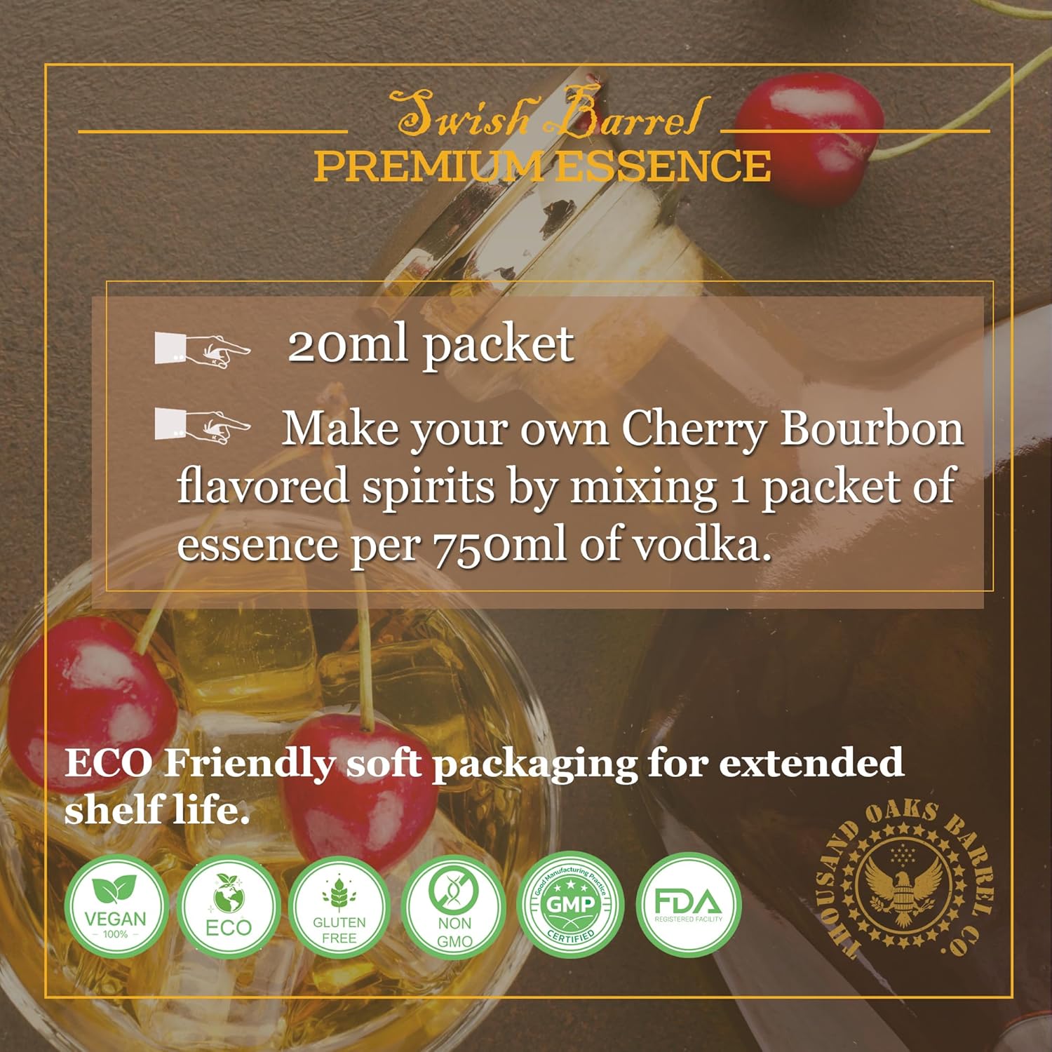 Cherry Bourbon Whiskey Flavoring Essence (5 Pack), Liquor Flavor Refill Packet for Bootleg Kits & Barrel Aging, Swish Barrel Extract for Cocktails, Mixology & Moonshine Distilling, 5 x 20ml (.65oz)