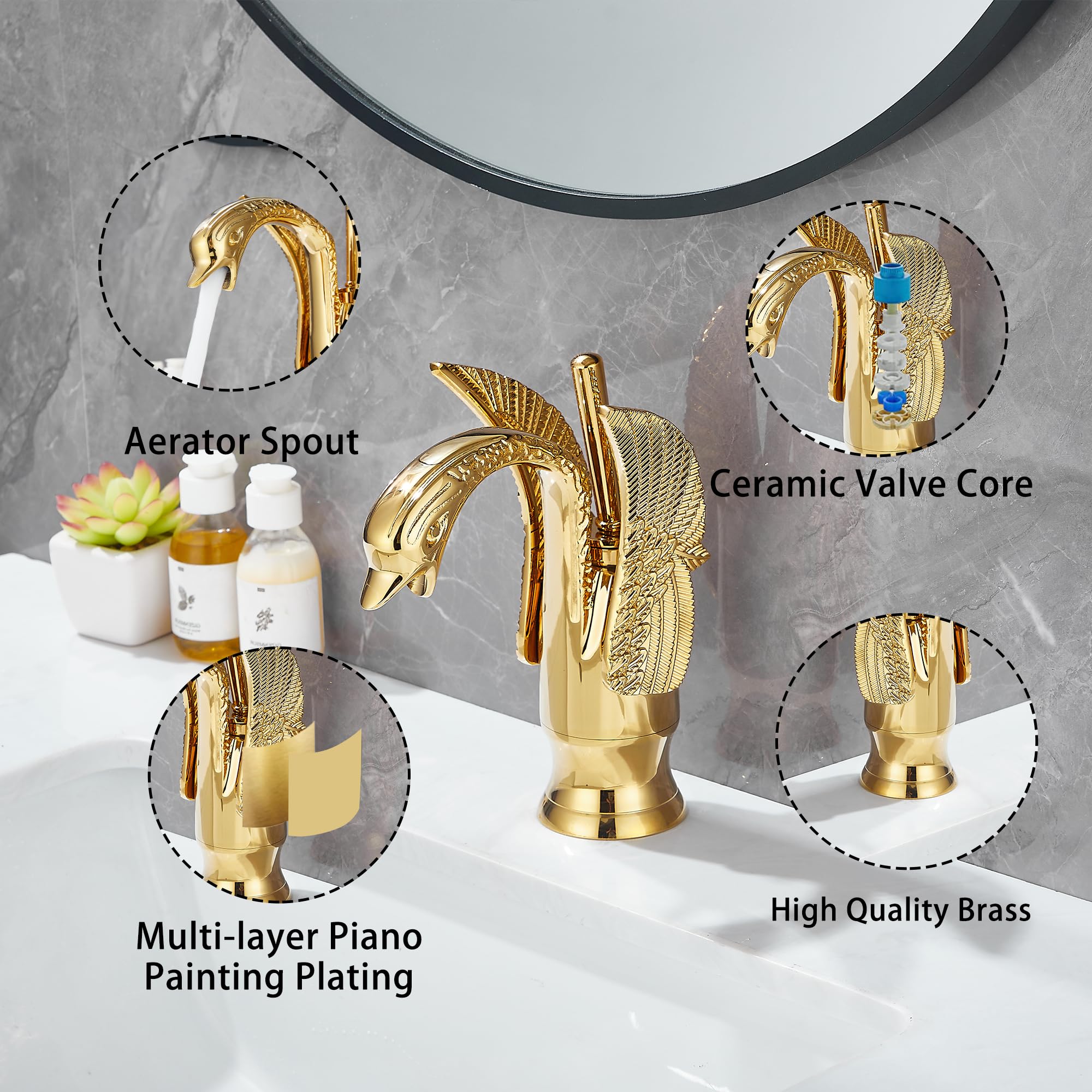Grifo de baño dorado con forma de cisne GGStudy con un solo mango, un agujero, grifo de lavabo para lavabo