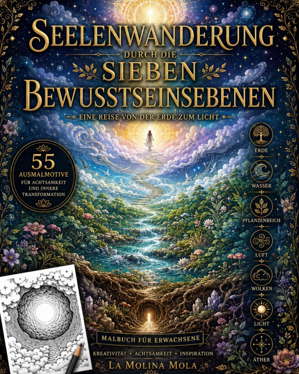 Malbuch für Erwachsene: Seelenwanderung durch die sieben Bewusstseinsebenen