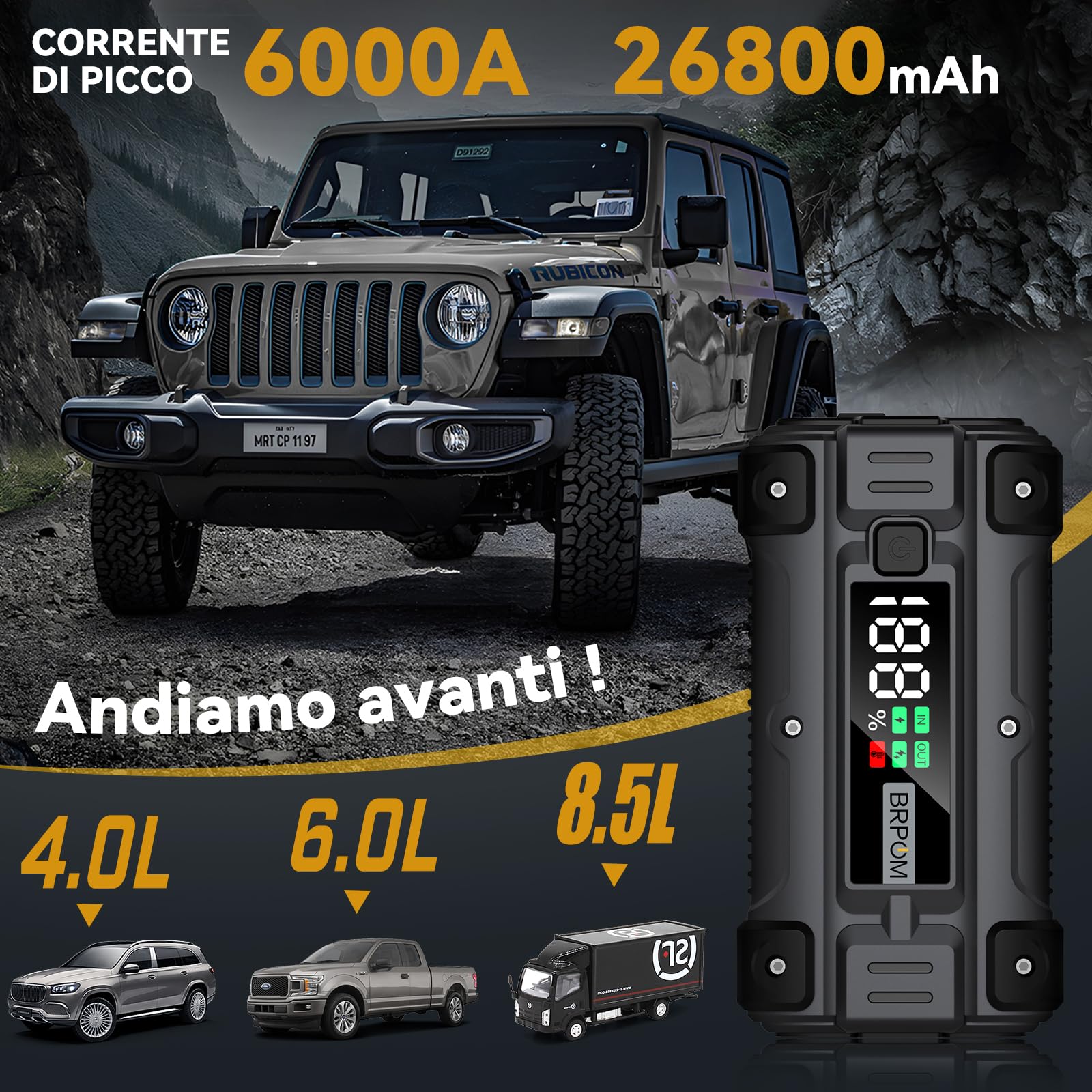BRPOM Avviatore Batteria Auto, 6000A 26800mAh Avviatore di Emergenza per Auto/Moto, (Motori Fino a ALL Gas o 8.5L Diesel) Booster Avviamento Auto con Torcia a LED&USB Quick Charge 3.0