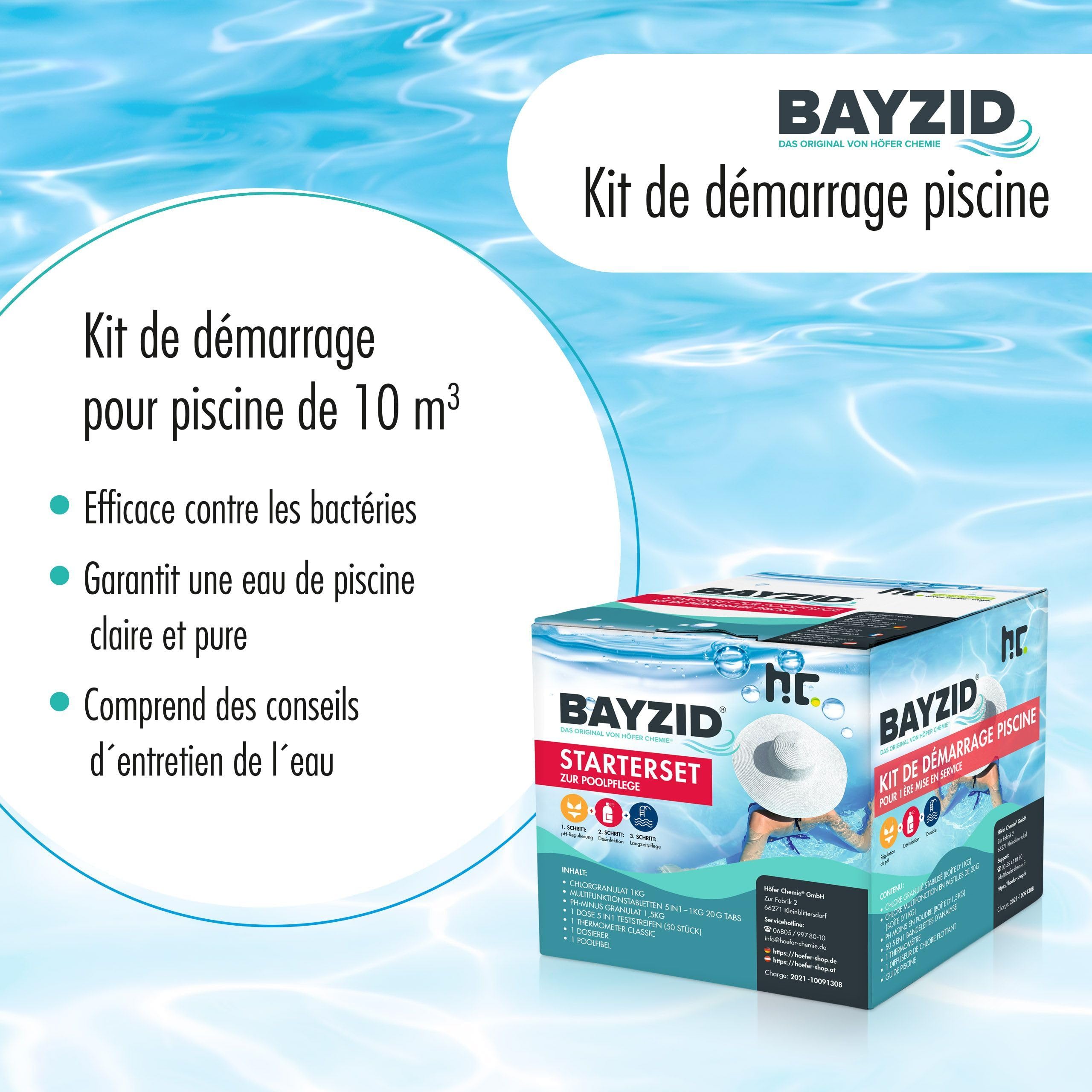 Bayzid® Kit de Démarrage pour Piscine - 7 Pièces pour l'Entretien de l'eau - Granulés de Chlore, Correcteur de pH, Pastilles Multi-Usages, Thermomètre, Pompe Doseuse, Bandelettes et Guide