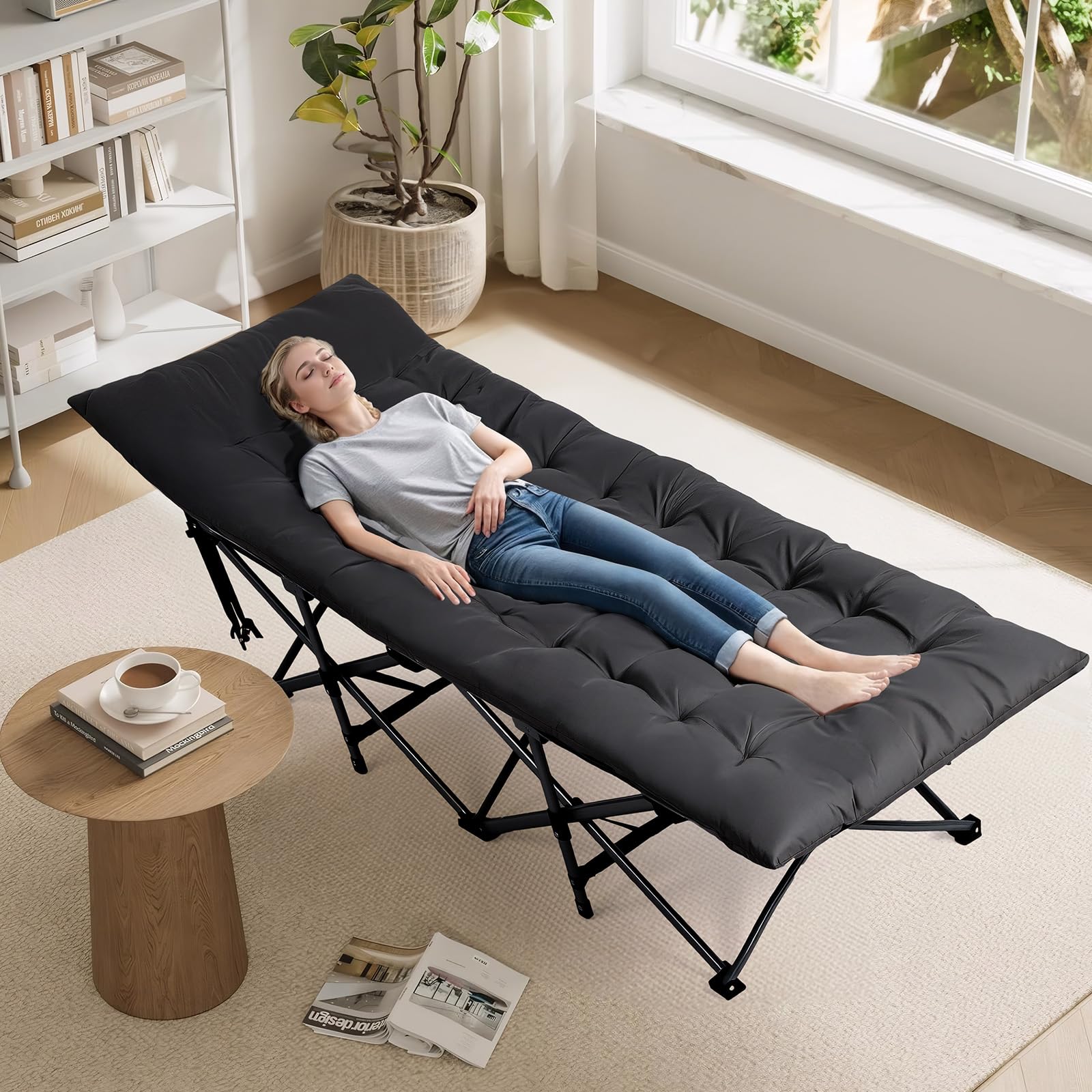 Bonnlo Letto da Campeggio Pieghevole – Lettino da Campeggio in Oxford 600D, Letto da Giardino, per Campeggio e Spiaggia, 190 x 71 x 36 cm (Nero, Con Materasso)
