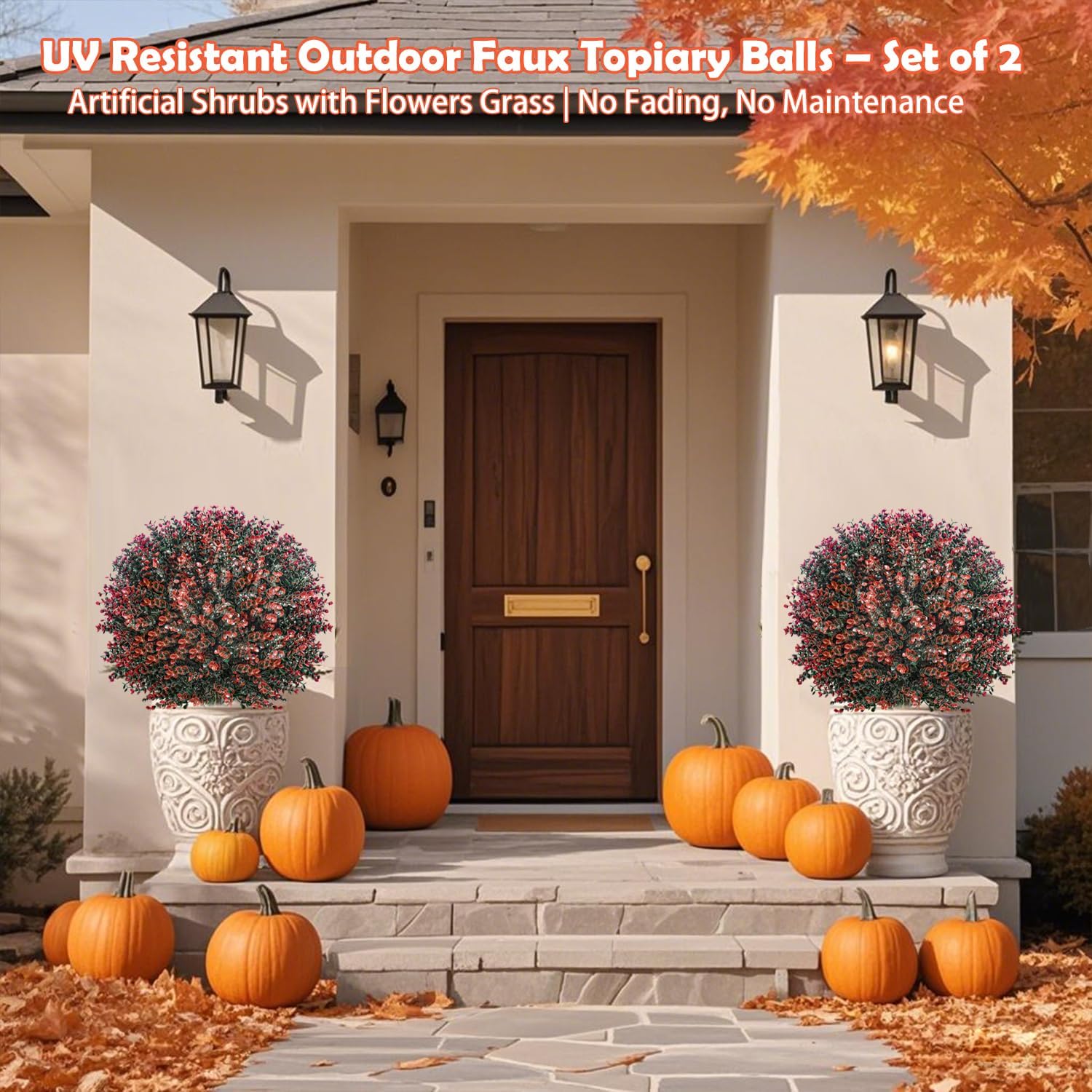 2 Pack Fall Artificial Topiary Ball Trees Outdoor, 24" Fall Faux Boxwood Plants, UV Resistant Fake Shrubs with Ground Spikes for Front Door Planters, Garden, Yard Autumn Decor