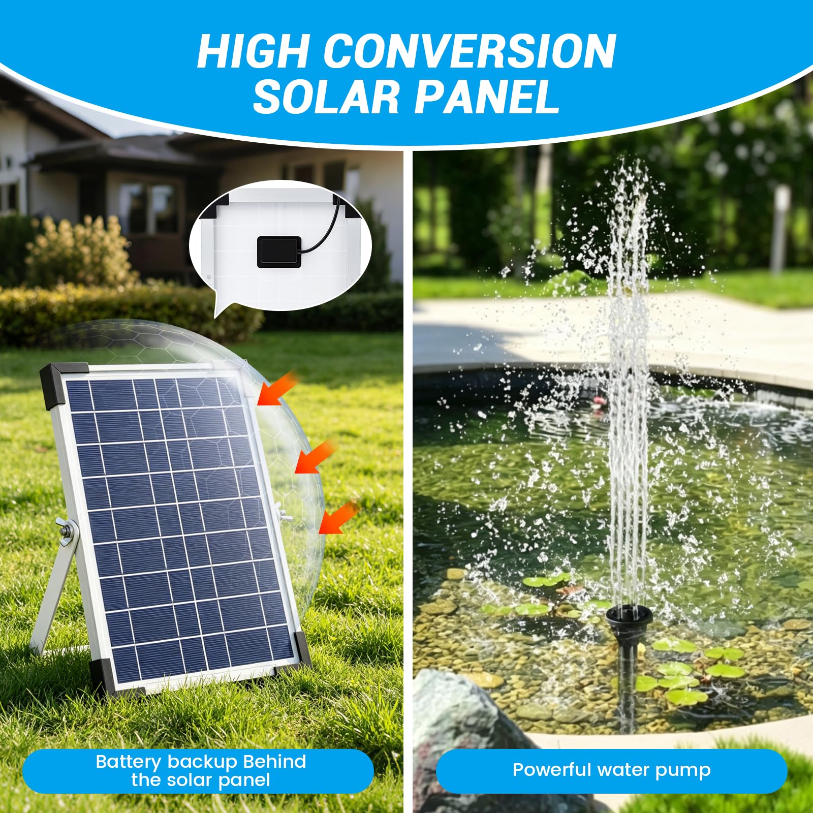 Fontana Solare, con Batteria 1500mAh e 9 Ugelli, Pompa Solare per Fontana 250L/h Altezza Getto 90cm, Pannello 10W, Kit Solare per Laghetto da Giardino, Piscina, Acquario, Bagno Uccelli, Uccelliere