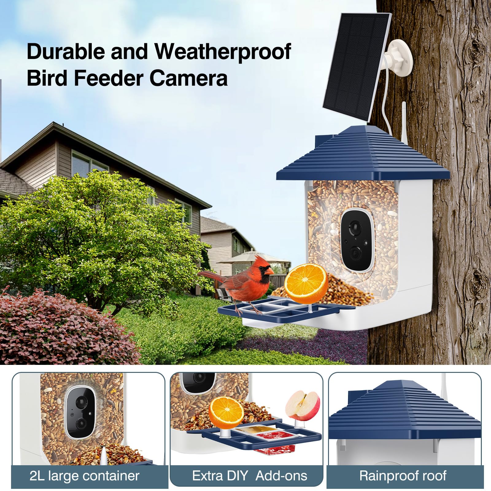 Comedero solar inteligente para pájaros con cámara, comedero para pájaros HD 2K para exteriores, azul índigo