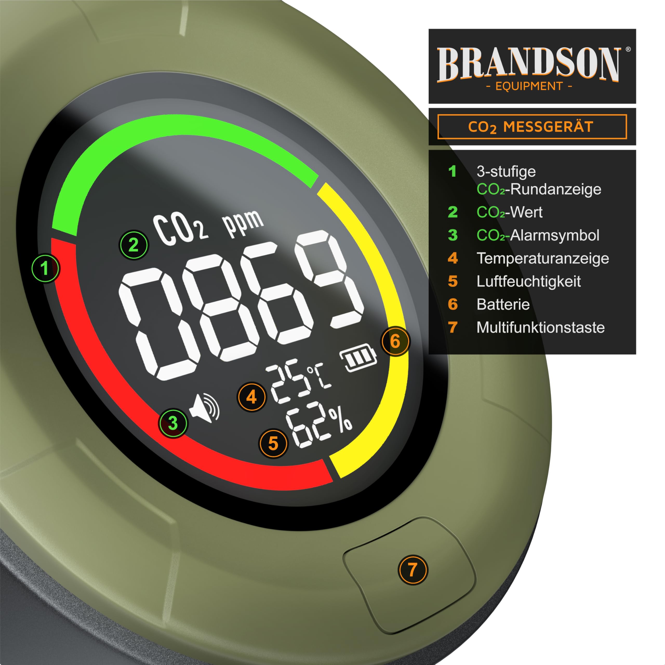 Brandson CO2 Melder Messgerät tragbar Luftqualitätsprüfer Kohlendioxidmessung PPM 1200 mAh Akku CO2 Alarm Temperaturanzeige Luftfeuchtigkeit