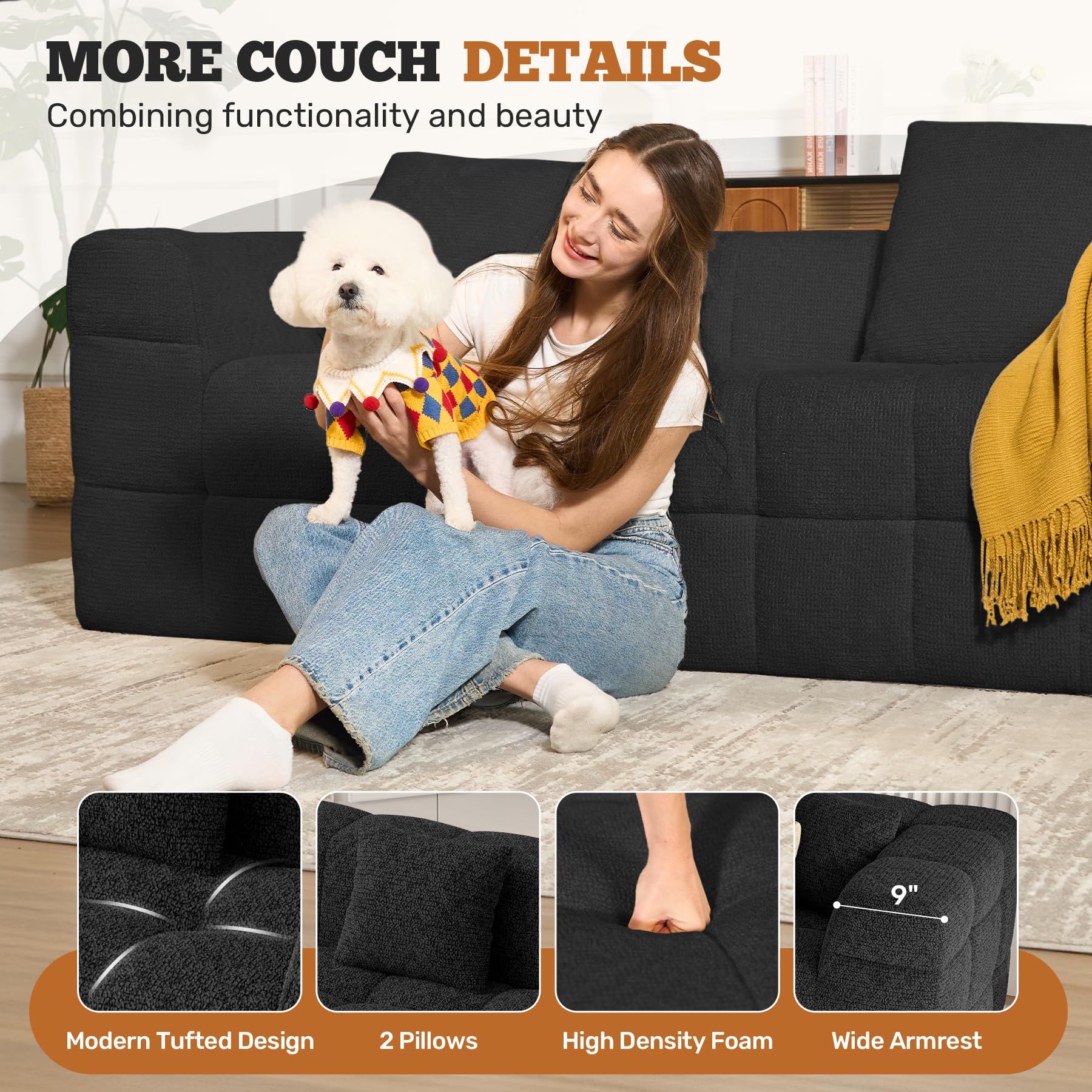 Hawthyhome 2-3 Sitzer Sofa mit Schlaffunktion, Modernes Boneless Couch, Gemütliches Chenille-Sofa mit weichem Bezug, Montagefreie Balkon Couch für Wohnzimmer & Gästezimmer, Schwarz