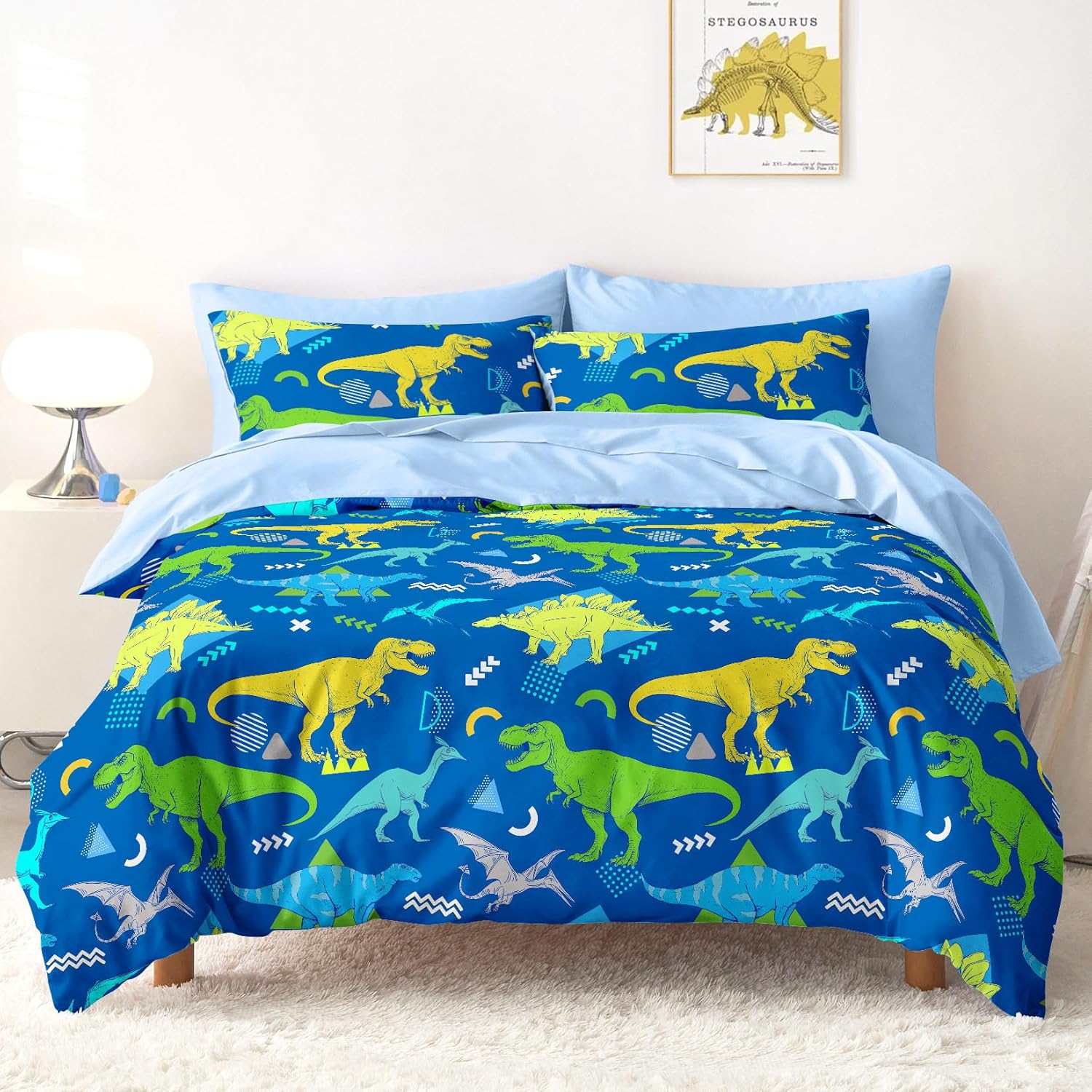 Wake In Cloud - Dinosaur Bedding Set for Boys, Jurassic Dino World Sketch, Soft Lightweight Comforter Set with Sheets, 5 Pieces Kids Bed in a Bag, Army Green, Twin Size