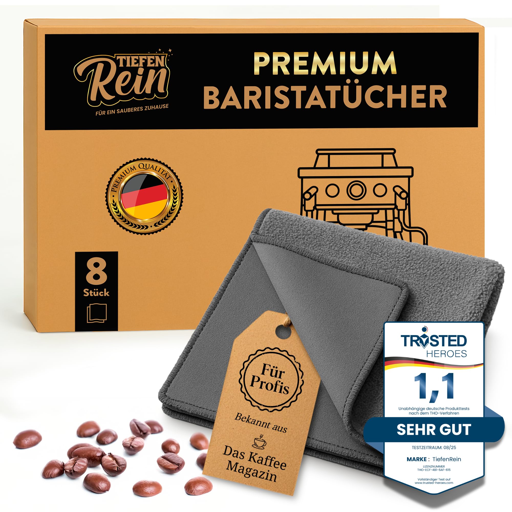 TIEFENREIN Premium Barista Microfibre Cleaning Cloth Set - 8 Piece Grey