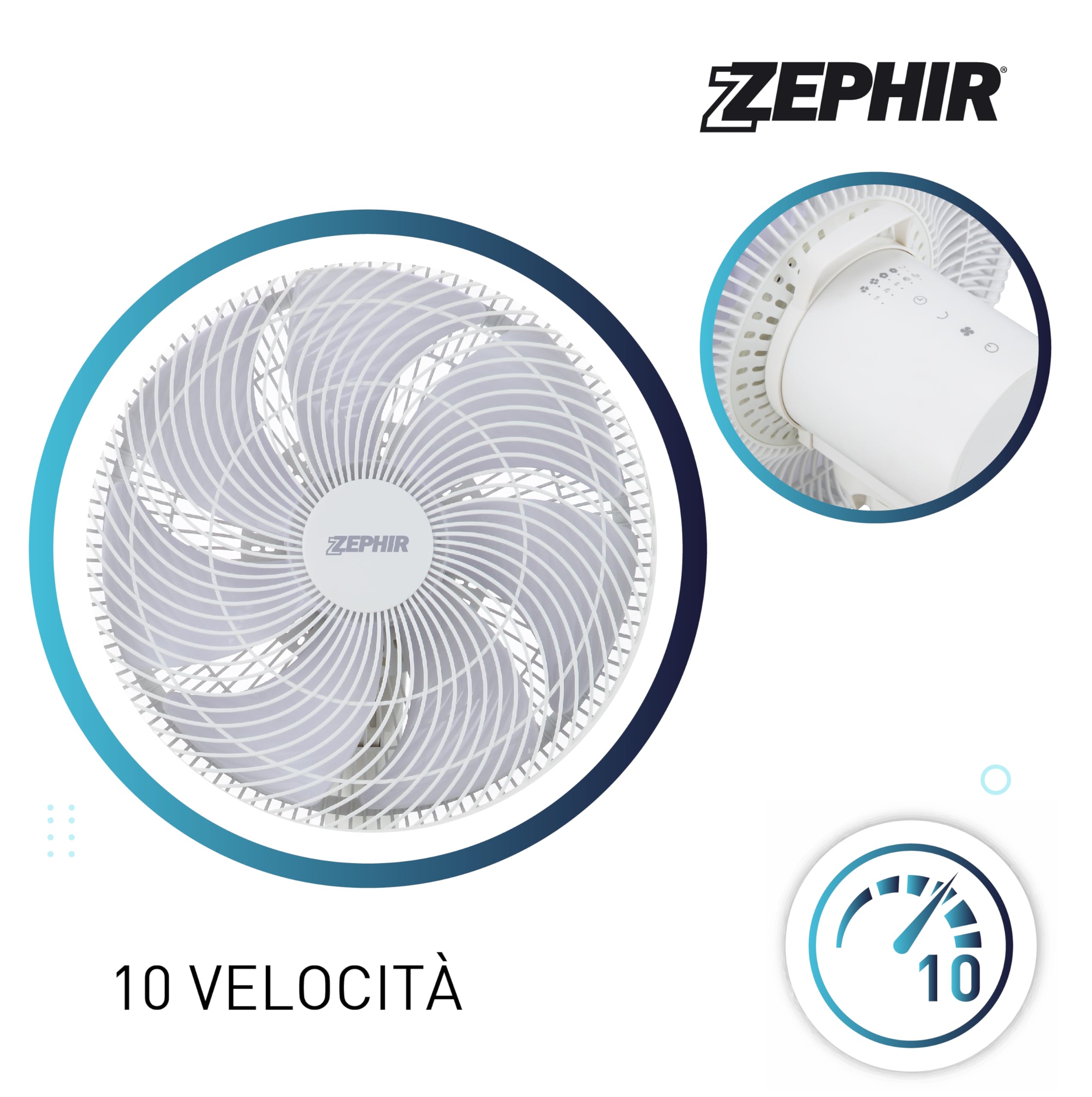 Zephir, Ventilatore Circolare a Piantana 35cm, Motore DC Ultra Silenzioso, 3 Modalità di Ventilazione,10 Velocità, Altezza 850-1080 mm, Telecomando, Timer, Potenza 30W, Cavo 4m