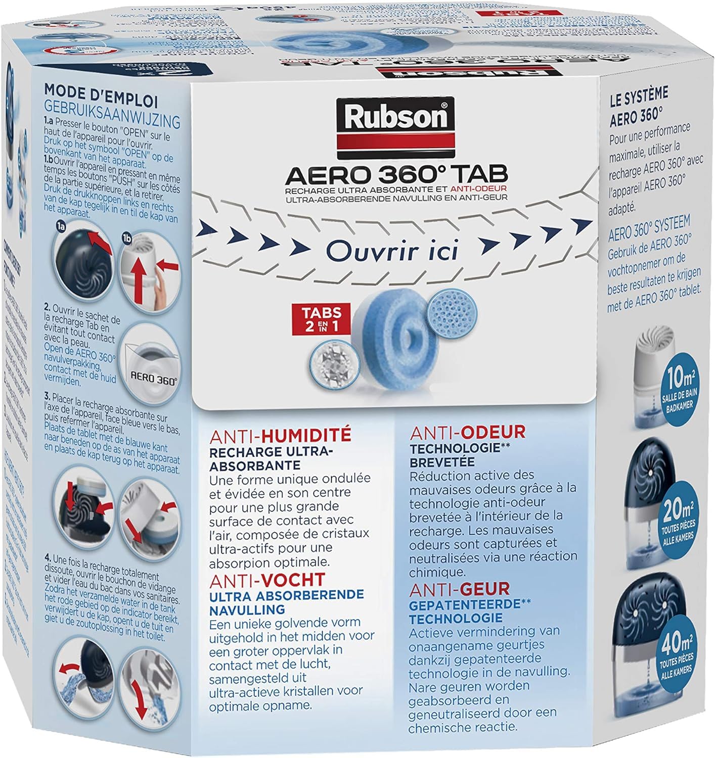 Visiter la boutique Rubson Rubson AERO 360° Recharges en tabs neutres pour absorbeur d'humidité, recharges pour déshumidificateurs AERO 360° ultra absorbantes et anti odeurs, 2 x 450 g in use