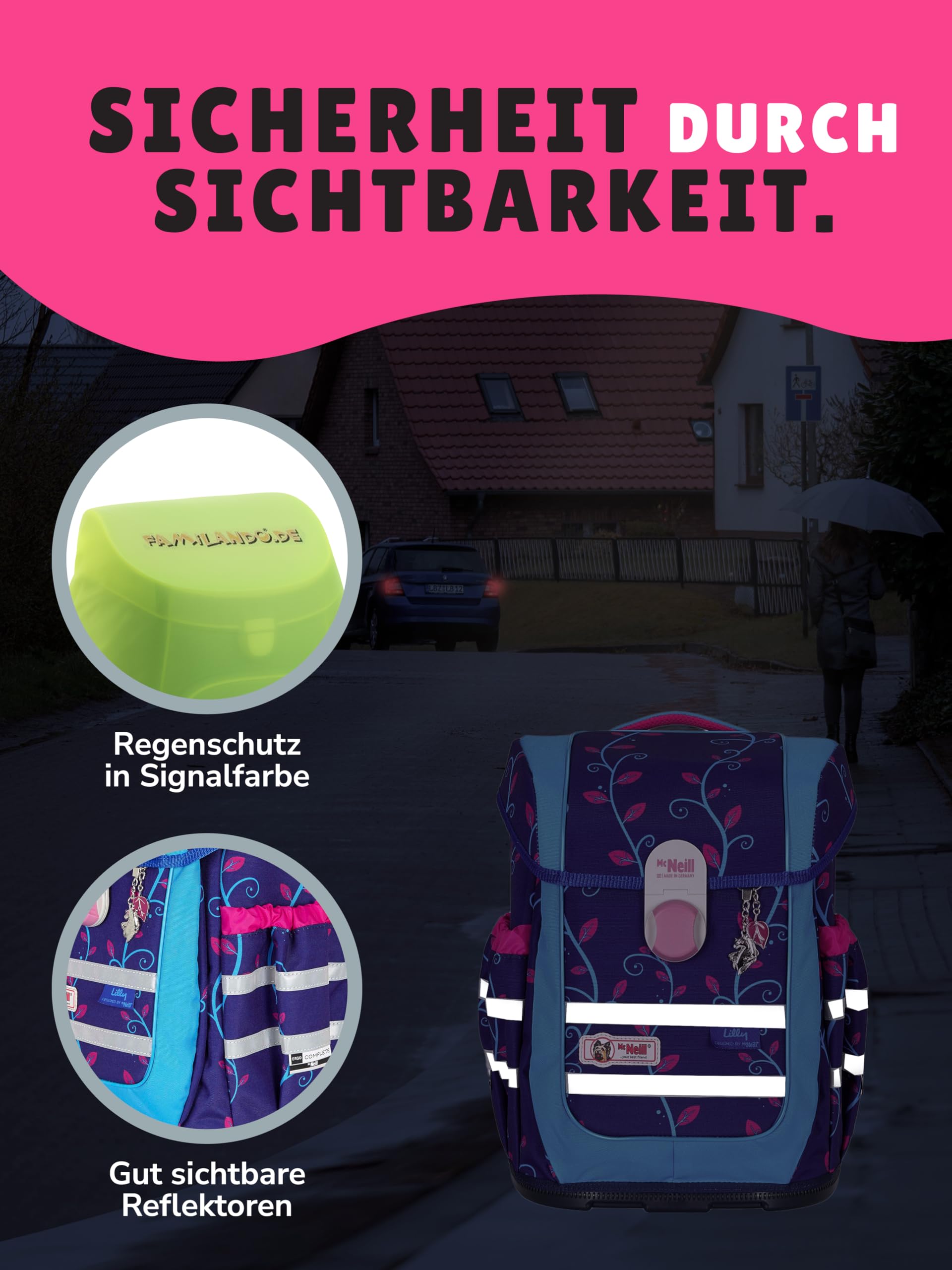 Familando - McNeill Ergo Complete Schulranzen Set - 10-teilig - Lilly Einhorn/Unicorn - Ergonomisch & 3-Fach verstellbar - 1150g leicht mit 20L Volumen & Reflektoren - Für Grundschule ab 1. Klasse
