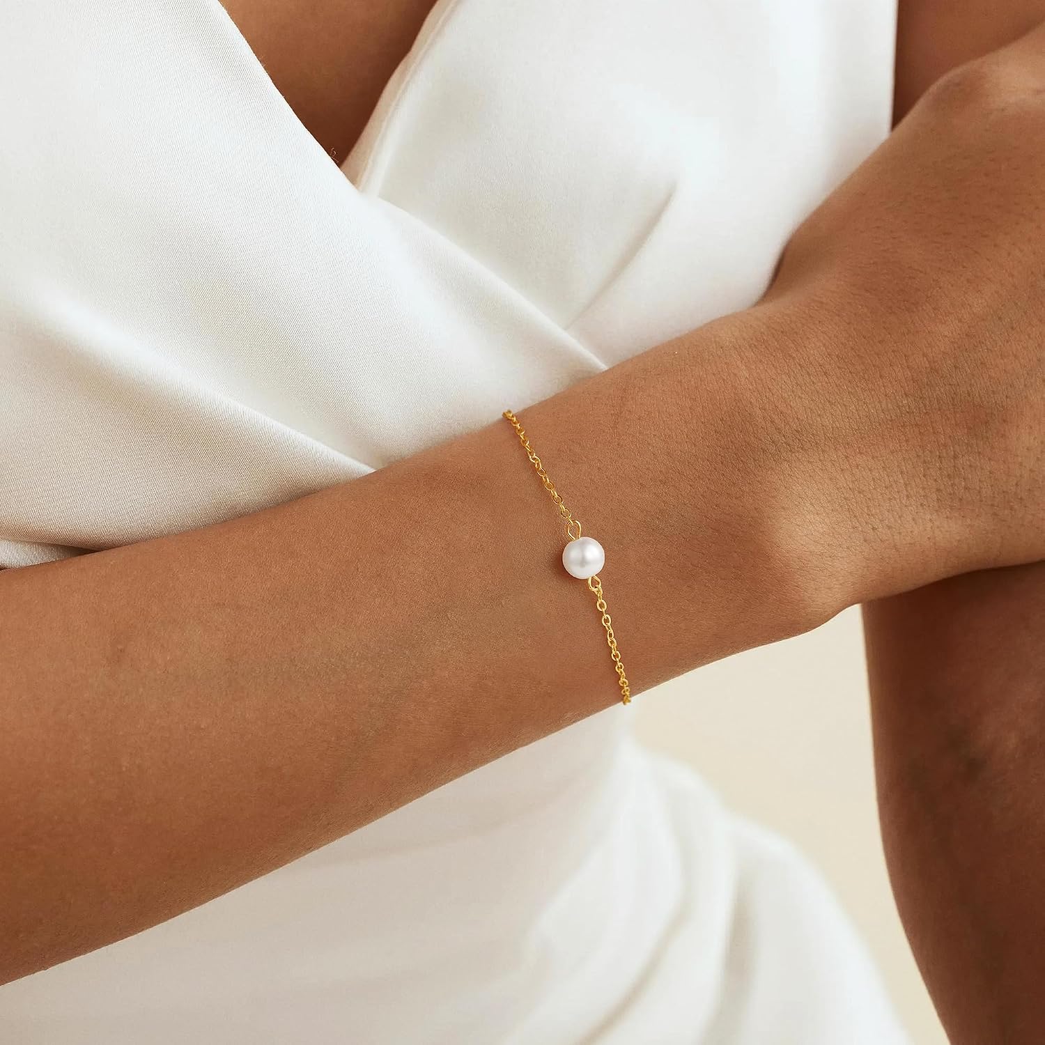 Gold Pearl Bracelets for Women,14K Gold Plated Bracelets Dainty Pearls Beaded Link Chain Charm Bracelets Set Layered Non Tarnish Waterproof Jewelry for Women image 2