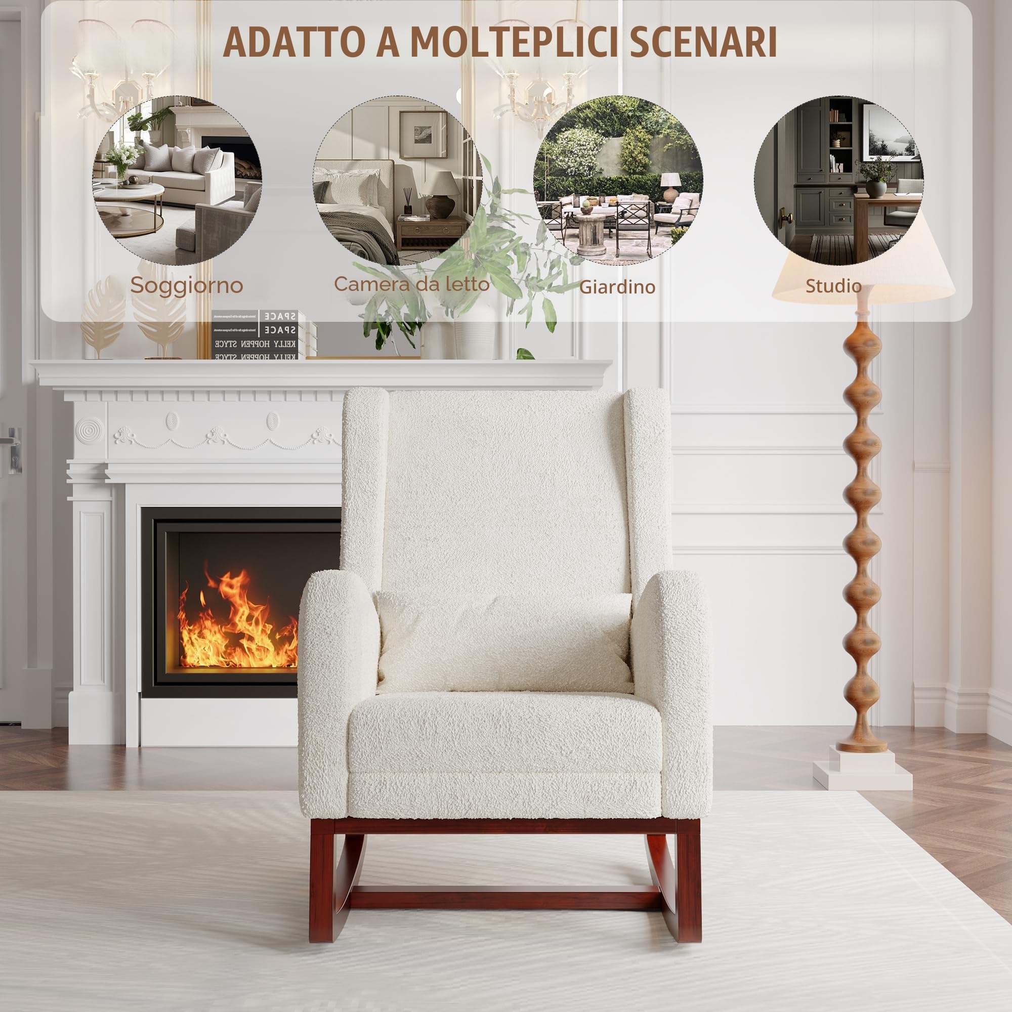 Poltrona a dondolo con poggiapiedi, sedia allattamento con cuscino lombare e 2 tasche laterali, poltrona da allattamento con gambe in legno massello, per soggiorno, camera da letto, beige