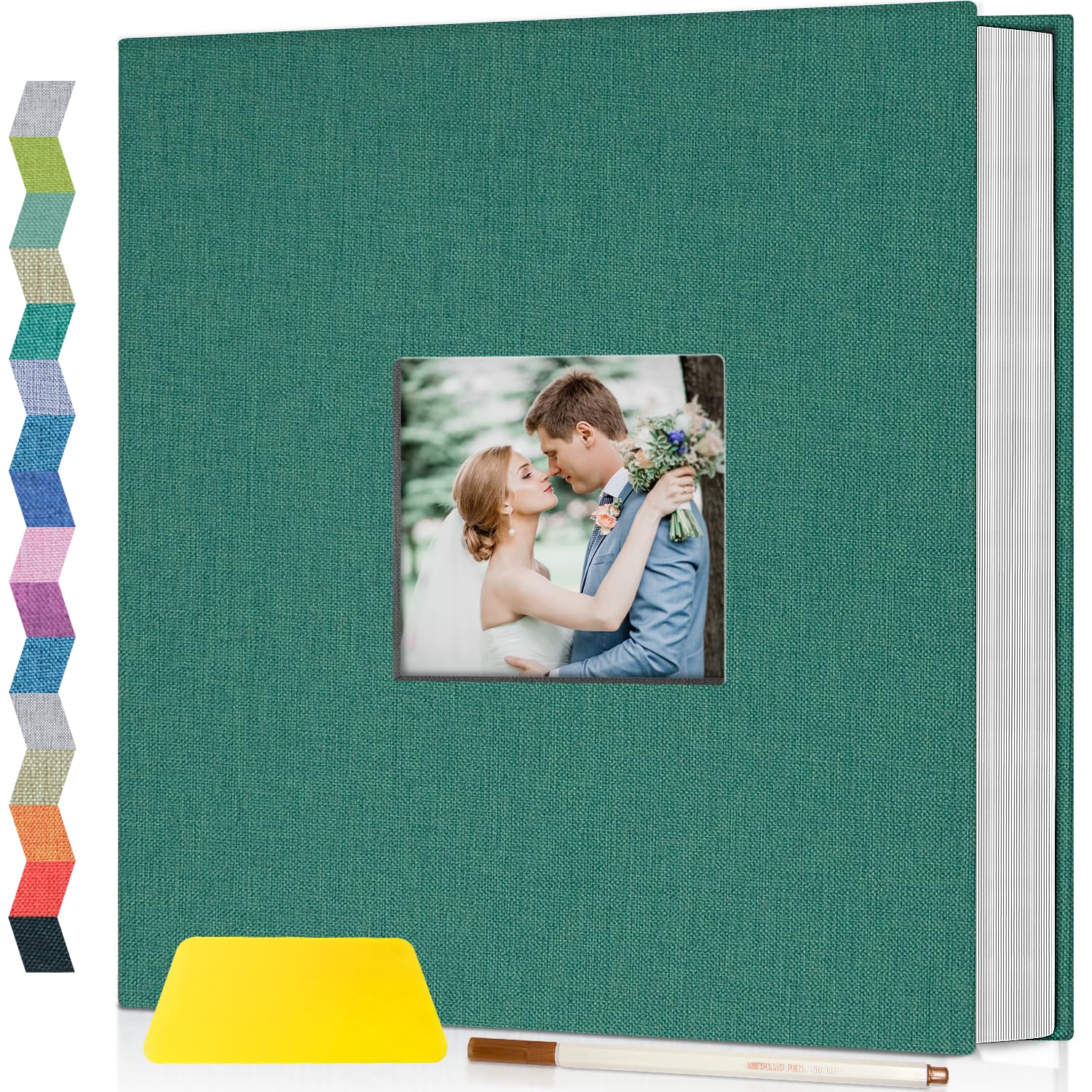 Popotop Álbum de fotos autoadhesivo con ventana de visualización de imágenes, 60 páginas, álbum de recortes para fotos de 4 x 6, 8 x 10 pulgadas, libro de recuerdos con cubierta de lino para boda de