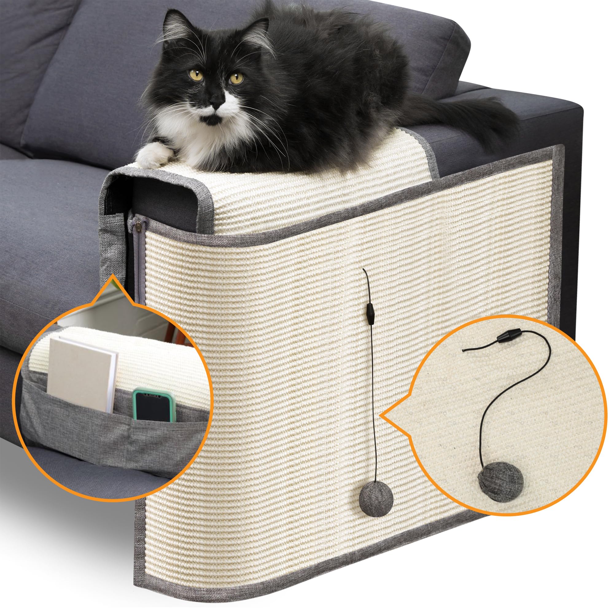 EVOMOTIVE INC Cat Couch Protector with Playing Ball, Couch Scratch Protector from Cats, Cat Furniture Protector, Leather Couch Protector for Cats, Works on Either Armset.