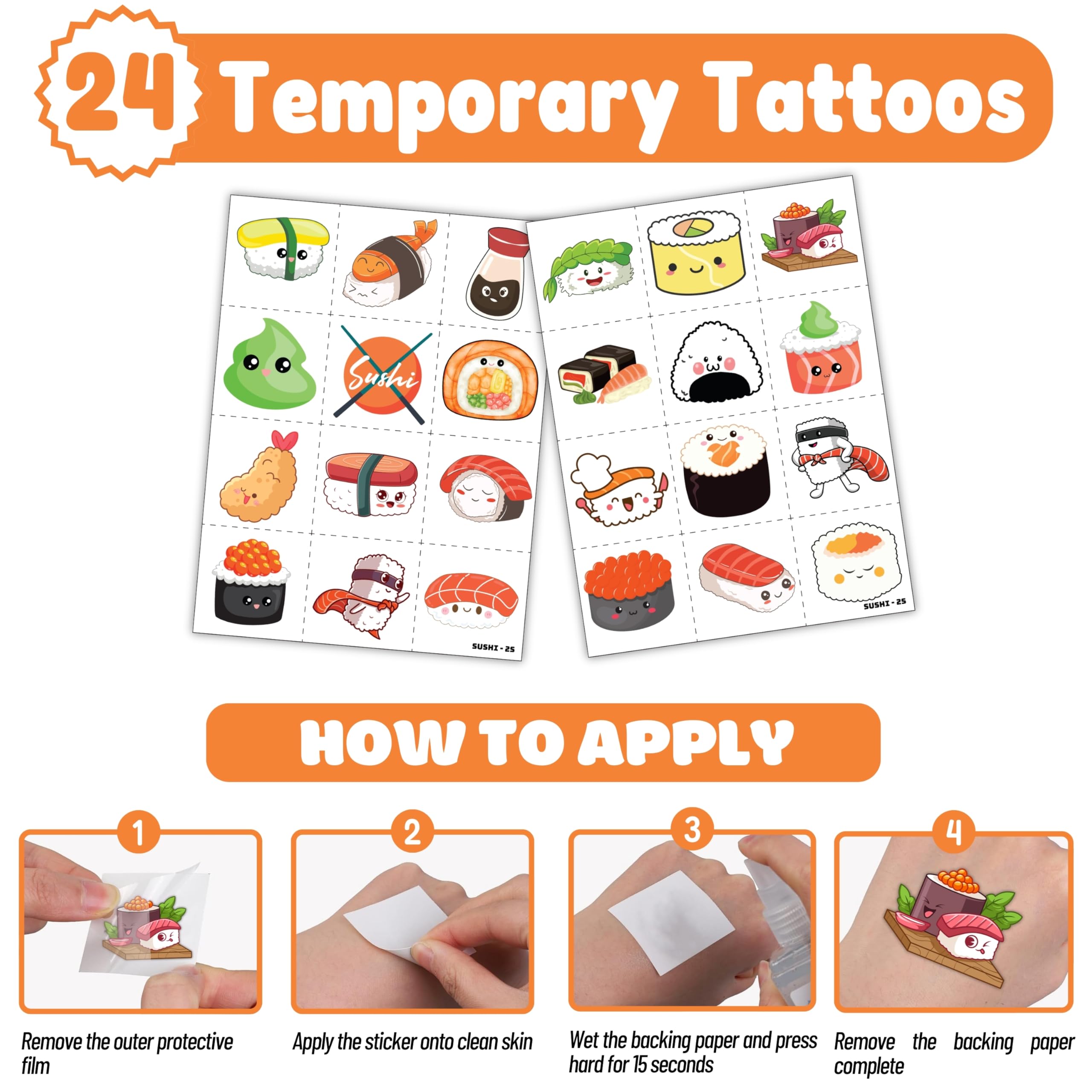 48PCS Sushi Party Set - 24PCS Temporary Pre - cut Tattoos & 24PCS Slap Bracelets - Fun Food-Themed Birthday Supplies, Baby Shower Gifts, Classroom Rewards & Party Decor for Kids (Boys & Girls)
