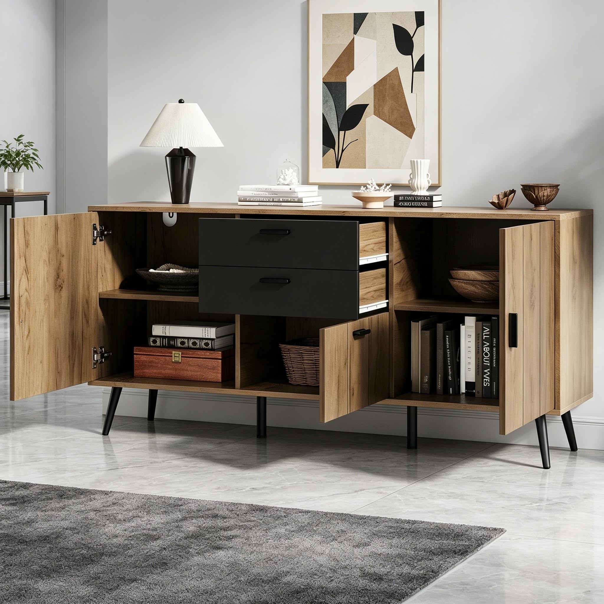 Credenza con 3 ante e 2 cassetti, effetto legno e nero, 140 x 35 x 67 cm, per soggiorno, sala da pranzo, cucina