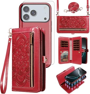 Asuwish Phone Case for iPhone 17 Pro Max 6.9 inch Zipper Wallet Detachable Cell Cover with Tempered Glass Screen Protector Strap Flower Card Holder i Phone17 17Pro i17 ProMax 17ProMax Women Men Red