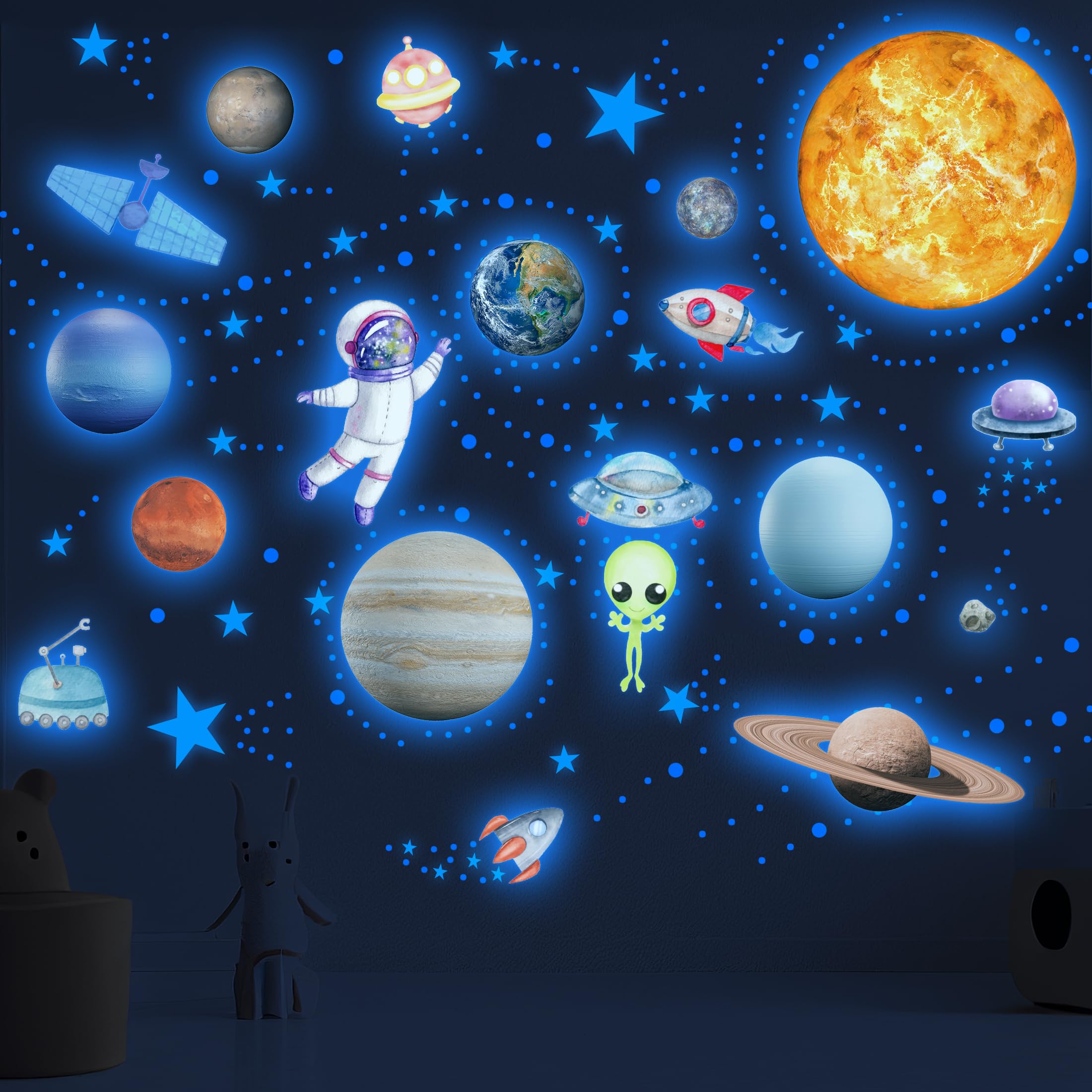 Adesivi da parete con stelle fosforescenti del sistema solare, sole e 8 pianeti principali, adesivi per soffitto, motivo astronauta, decorazione da parete per bambini (blu)