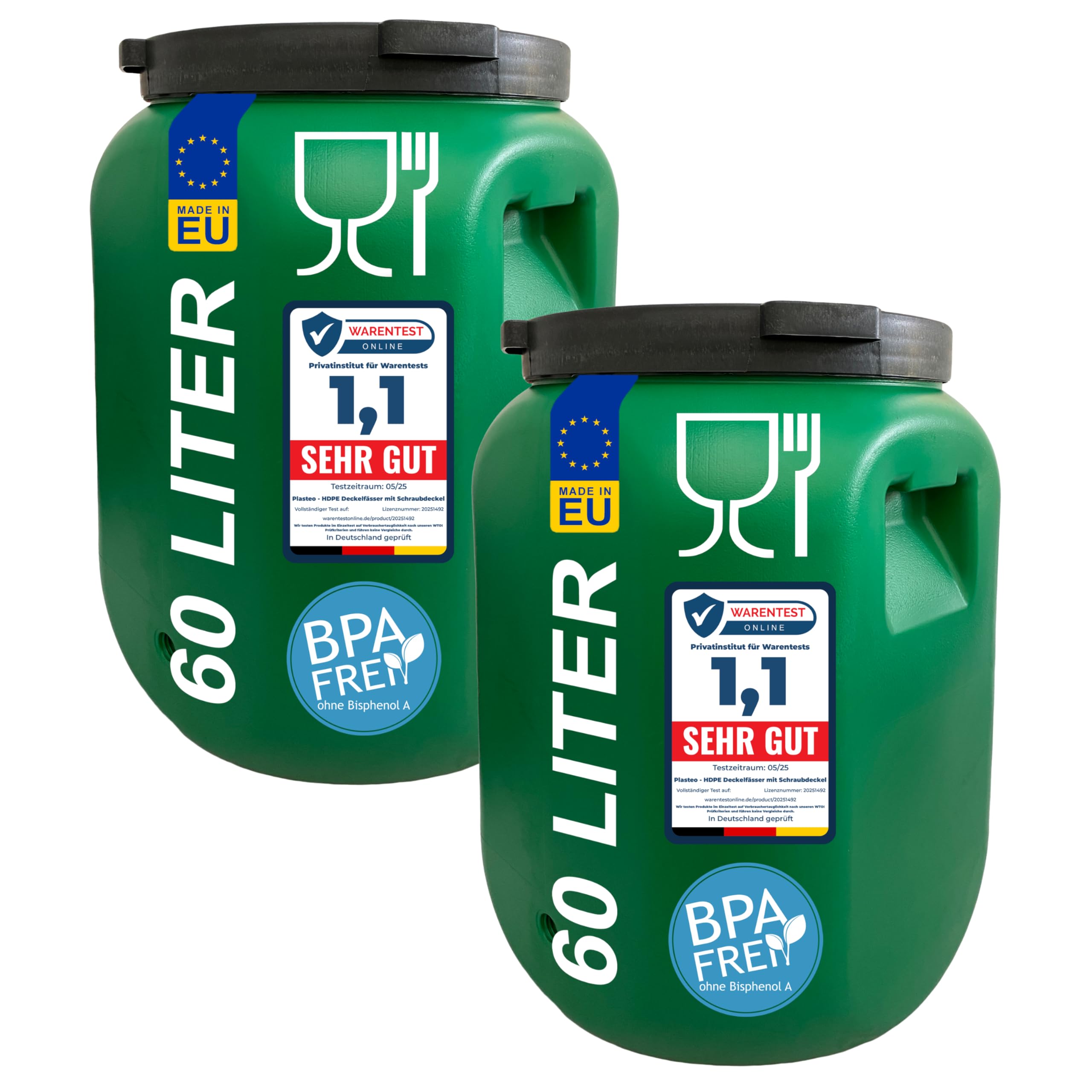 plasteo Barril de boca ancha con tapa, apto para alimentos – barril universal HDPE estable con cierre de rosca, para pienso, almacenamiento y transporte, verde (2x 60 L Cuadrado)
