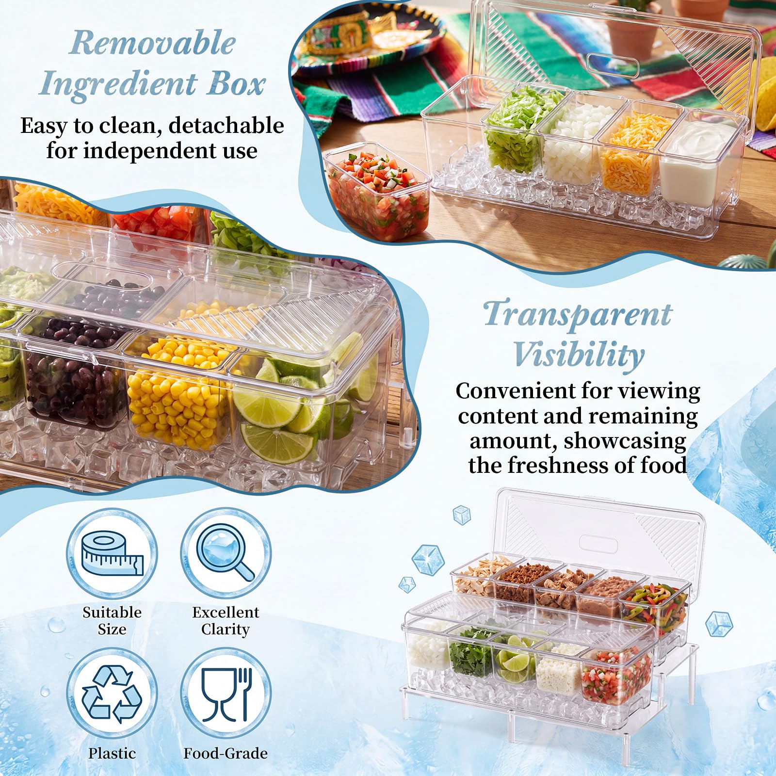 Hushee 17-teiliges Eisgekühltes Gewürz-Servier-Set enthält transparente, gekühlte Gewürzbehälter mit Deckel, abnehmbare Fächer, Acryl-Display, Regal, Servierlöffel und Clips für Barzubehör, Taco-Party
