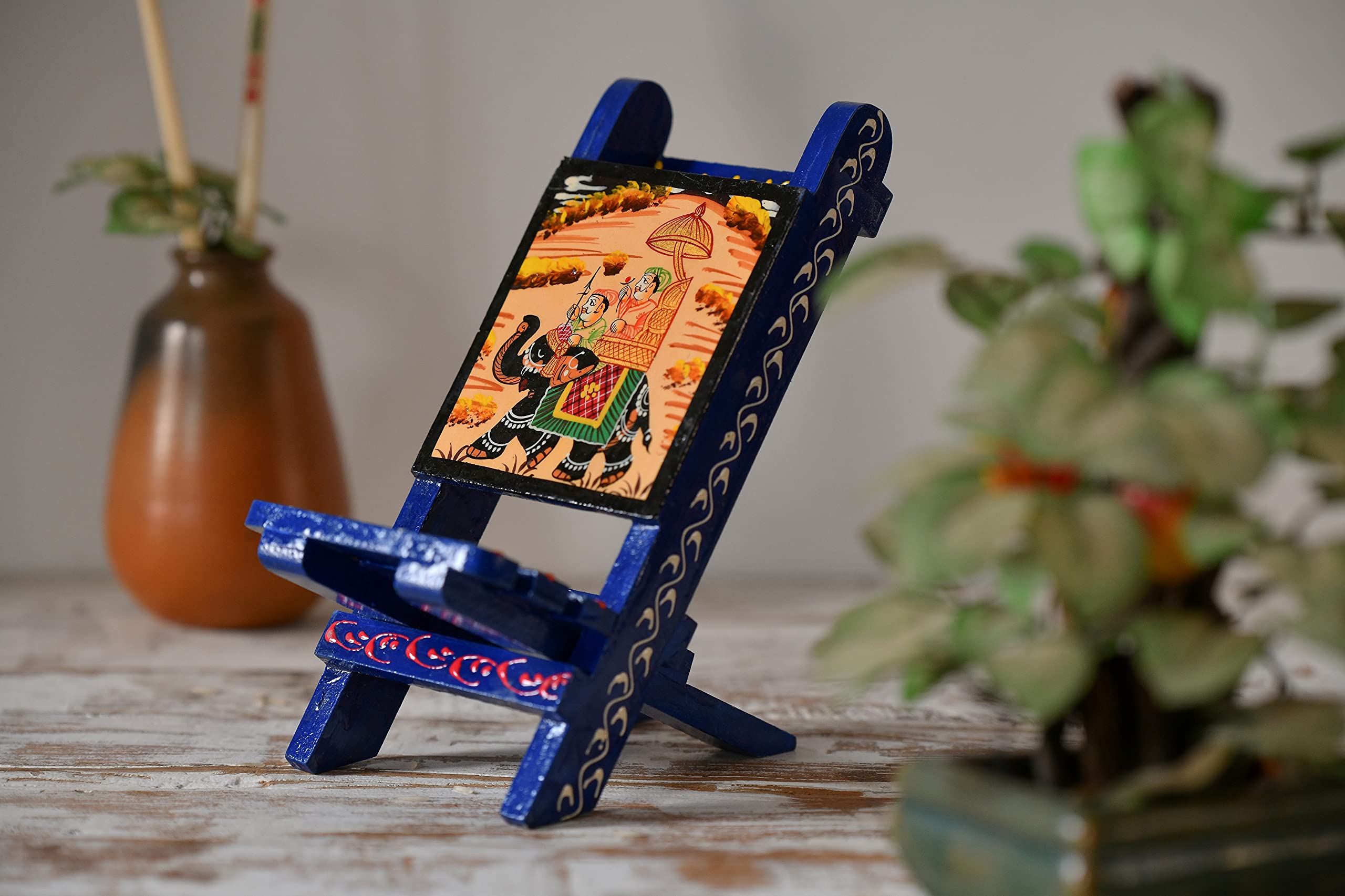 Fashion Bizz Wooden Rajasthani Art Work Beautiful Handcrafted Folding Small Chair Mobile Stand-image-49