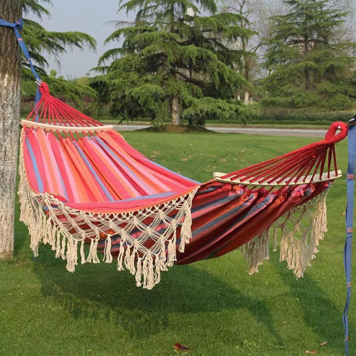 Amaca da campeggio con barre in legno massiccio e cinghie per alberi, supporta fino a 200 kg, include borsa da viaggio per uso esterno e interno
